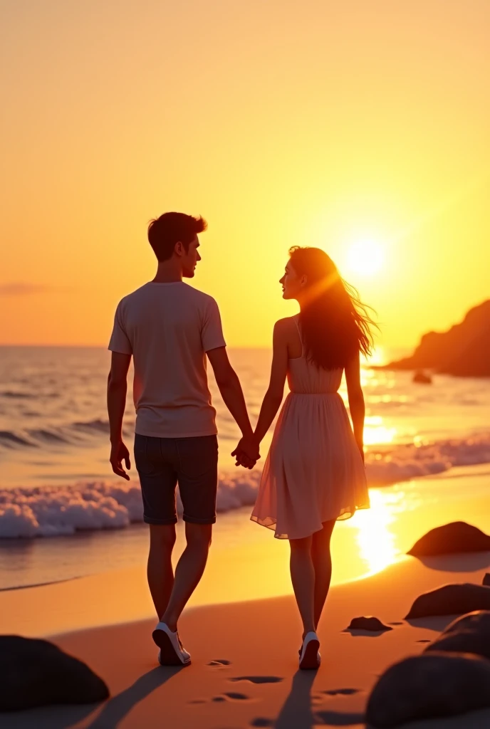 Take a sunset landscape on the beach with two 15 year old couples running into the water holding hands in a blur