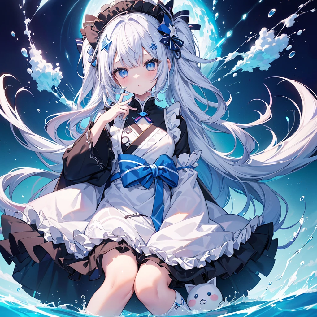 White hair,cat ear,A beautyful girl,,Lie flat on the bed,Flowing water