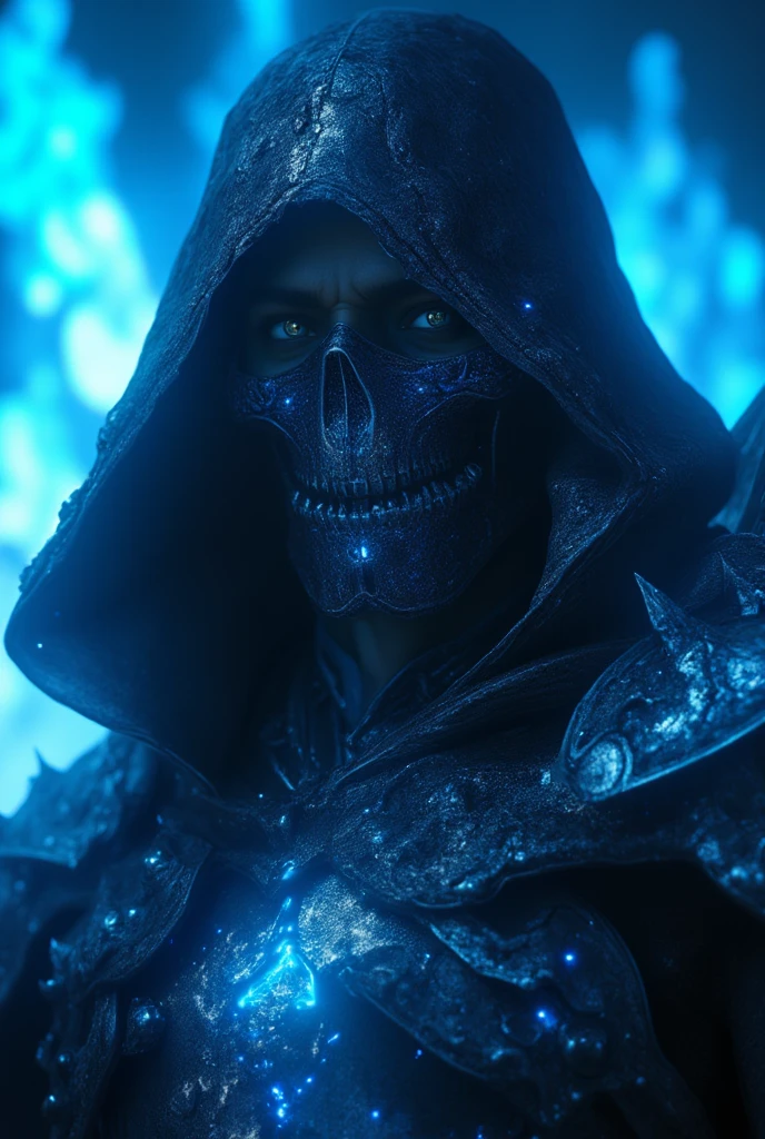 gloomy portrait of Zombie Scarecrow from DC, extremely detailed, futuristic cityscape, nighttime, glowing neon lights, smoke, sparks, metal shavings, flying debris, blue energy effects, volumetric light