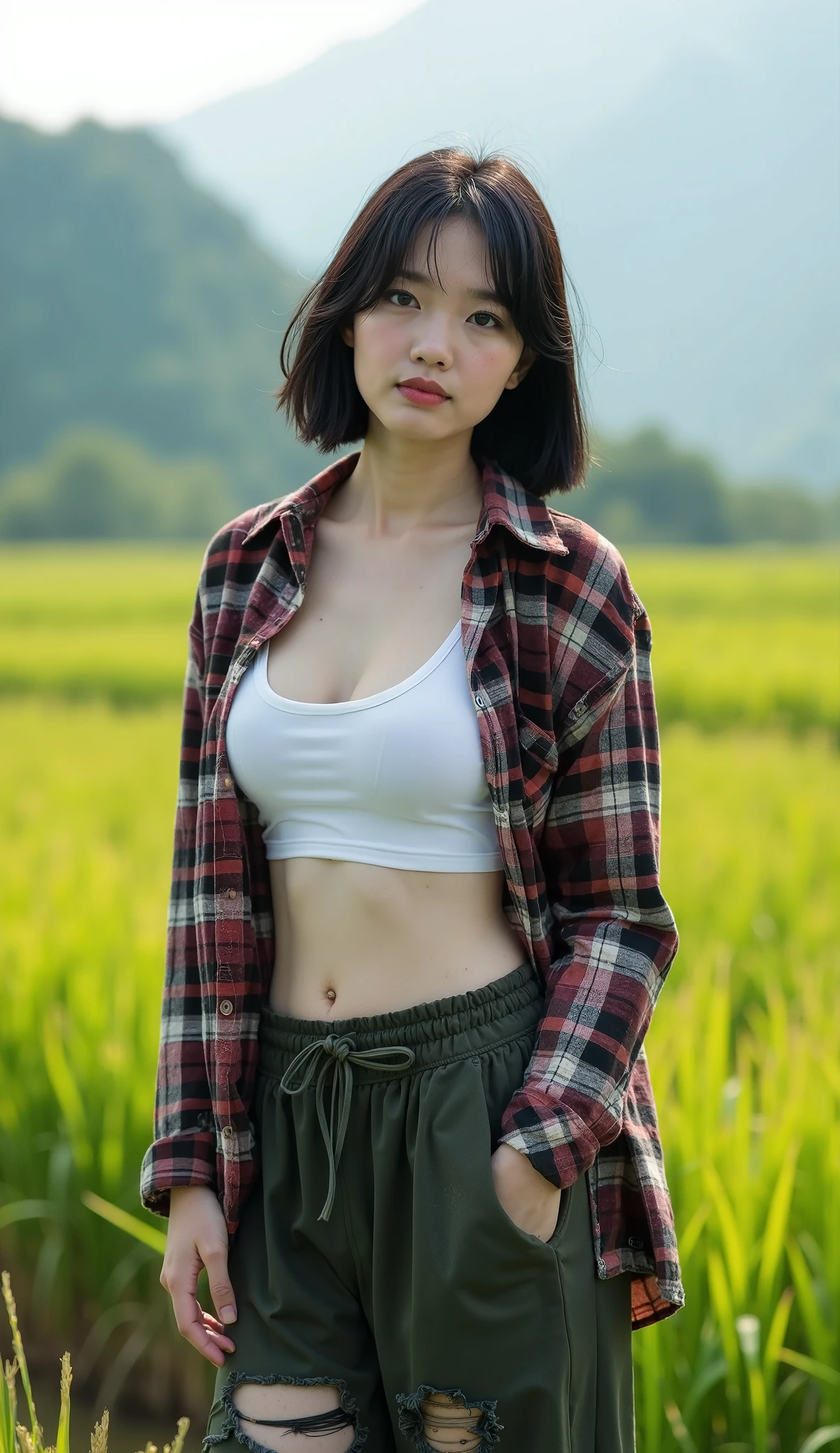 8k, best quality, masterpiece, realistic, ultra detail, photo realistic, Increase quality,
a photo of a girl standing in a field with a scarf, in the style of dark and brooding designer, voluminous mass, photobash, serene faces, jagged edges, navy, natural beauty, close-up shot, , seduce viewer, nudity:1.4