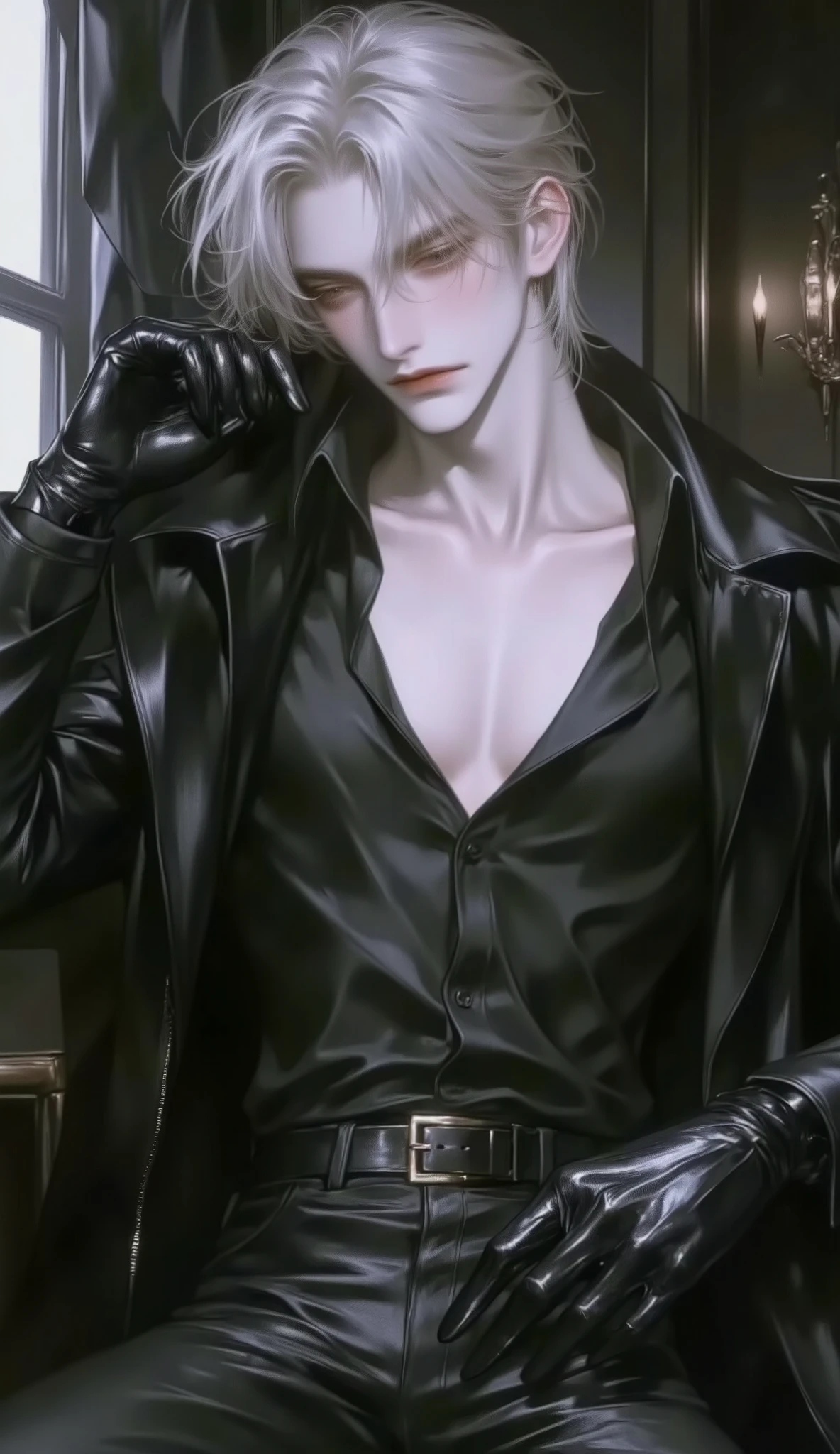 Final fantasy style and real graphics , (( Japanese young sweet and cool ikemen boy )), he is about 20 years old , thin eyebrows and small eyes , (short hair) , ((he should see everything without clothes )), (( tight black leather pants )), (( put black leather thick and thin gloves on both hands )), (( black leather glove )),(( Black leather lace-up boots )),(( should look from head to toe )),((must see everything)),, leather glove and leather pants , she has few wrinkles , Avoid showing off your underwear , zippered jacket fastner .(( you must wear a leather glove )).
Boy with whistachio-colored hair. boy looks like model .
Boy in a dim room .