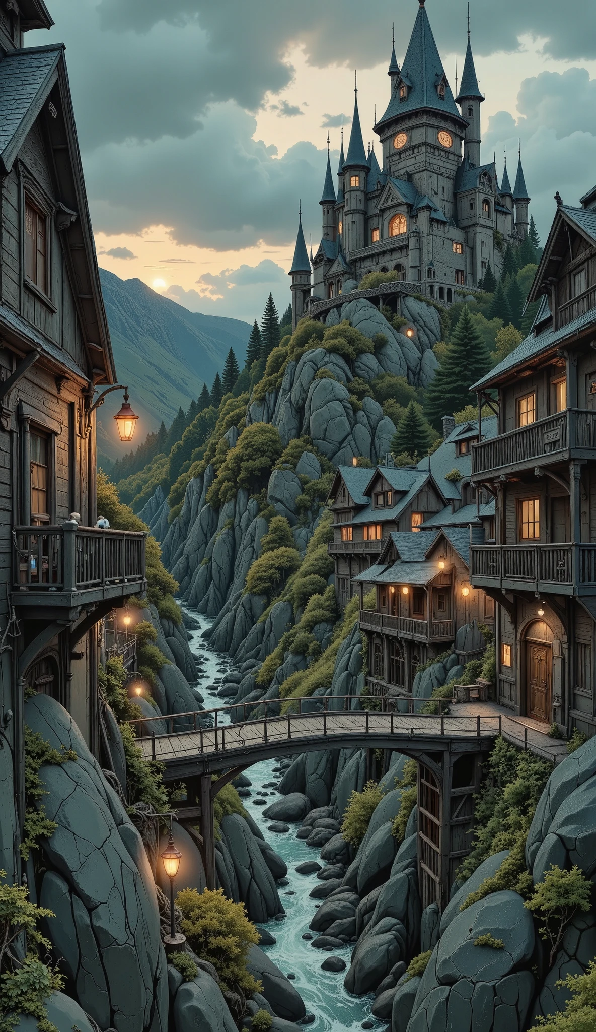 1 medieval fantasy scene , Detailed medieval castle , Gothic architecture, dramatic lighting , melancholic atmosphere , cloudy, Wavy hills , lush green meadows , stone bridges , cobblestone streets , ornate iron doors , wooden watch towers, ( The best quality ,4k,8K, high resolution sweatshirt, masterpiece:1.2), ultra detailed ,( realistic ,photo realistic ,fotor realistic a:1.37), intricate textures , rich color palette, dramatic chiaroscuro , film composition , grand scale , 15th century, Historical precision