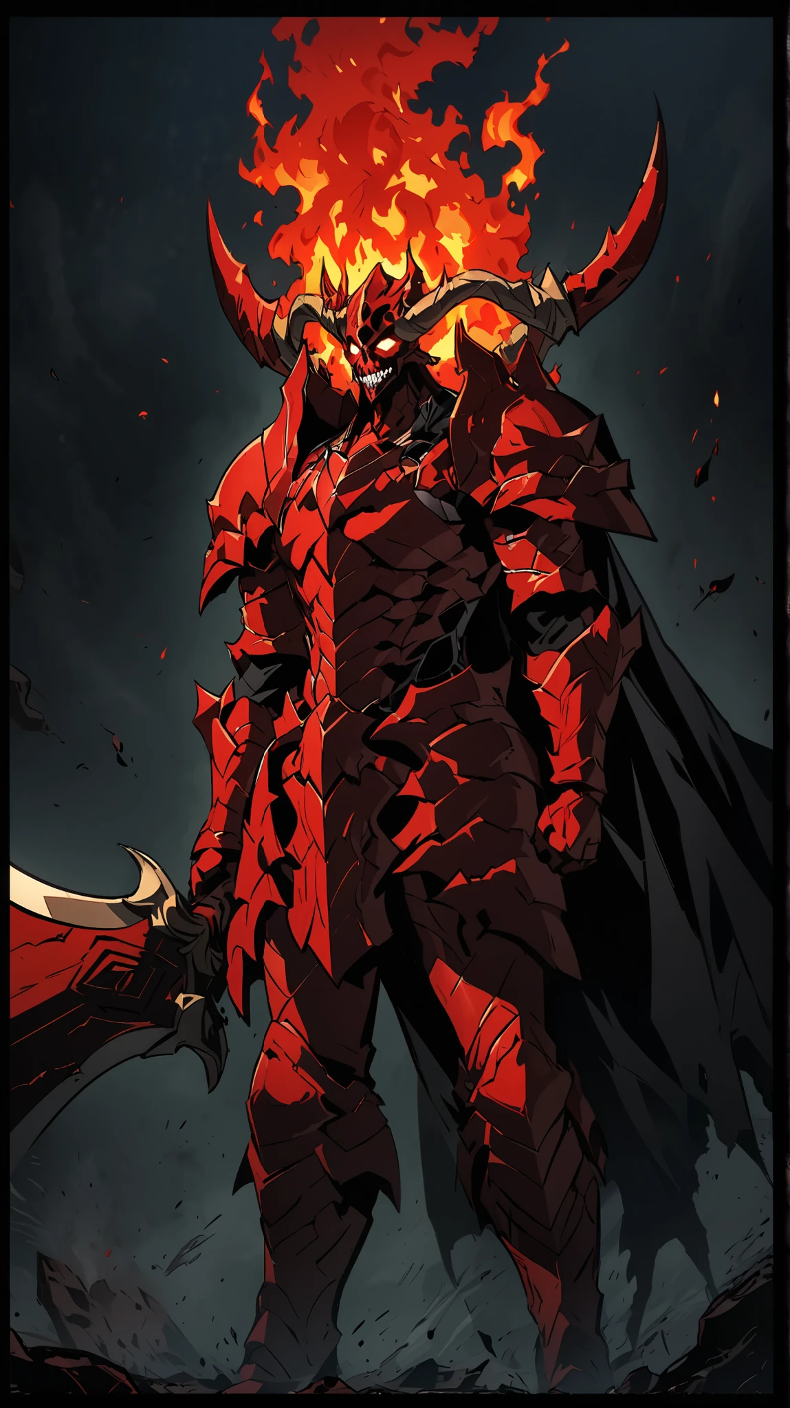 Make the 9 concepts that are the primal gods of the universe: 2. Triferus the primal God of the deepest Abyss in the Underworld I understand ! I will create an image of Triferus in Korean Manhwa style ,
- Powerful Demonic Warrior
- Burning black and red armor
- Skull face
- Black handles
- Huge sword in flames
- Man and his color is fire red.