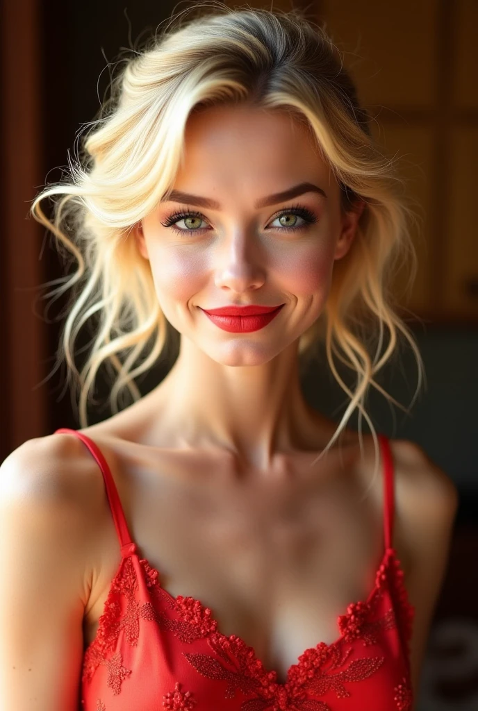 hyperrealistic beautiful busty 19-year-old woman with long legs wearing shiny red satin underwear, model shooting full body photography, bleached blonde very long straight updo hair, soaky wet skin, dark eye makeup with eyeliner, seductive smile, red lips, 8K, Best quality, Meisterwerk, ultra high resolution, (Realismus: 1.4), Originalfoto, (realistische Hautstruktur: 1.3), (Filmkorn: 1.3), (Selfie-Winkel), 1 girl, Beautiful round hazel eyes and facial details, Meisterwerk, Best quality, indoor photography, nsfw