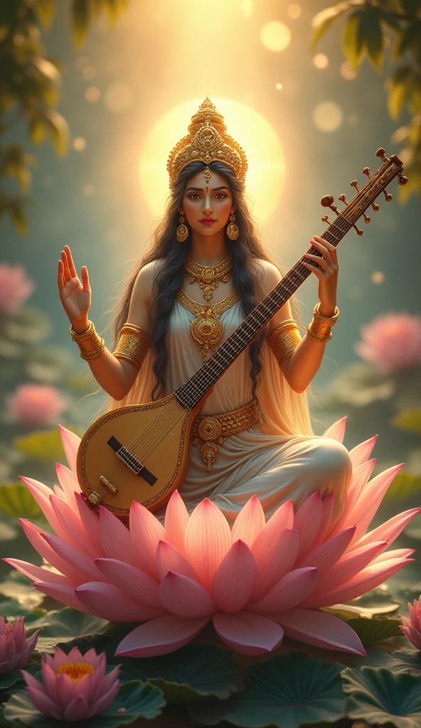 Goddess Saraswati mataji(wearing white clothes, holding a Veena in her hand, a crown on her head, sitting on a lotus flower, giving Asirvad from her right hand, bright light emanating from her body)