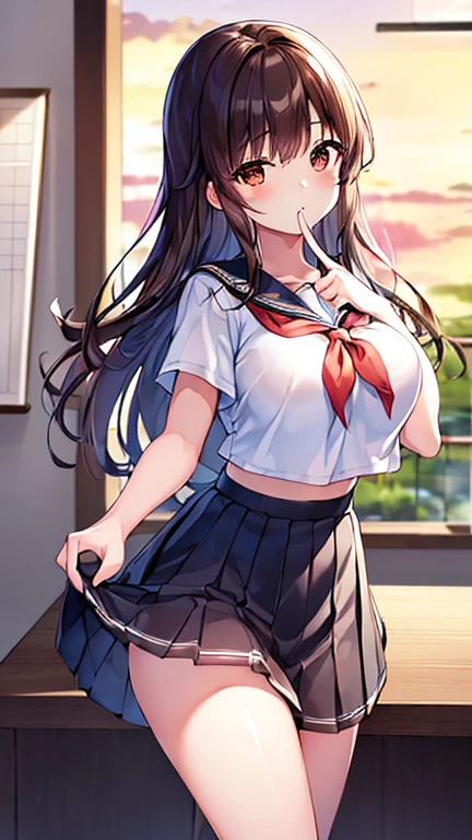 Realistic and detailed image of a girl in a school uniform with pleated plaid mini skirt. She has long wavy brown hair in a side bun. Red eyes. She has earrings, long eyelashes. she has small breasts, slim waist, very wide hips and thick thighs, dynamic pose, fighting, outdoor