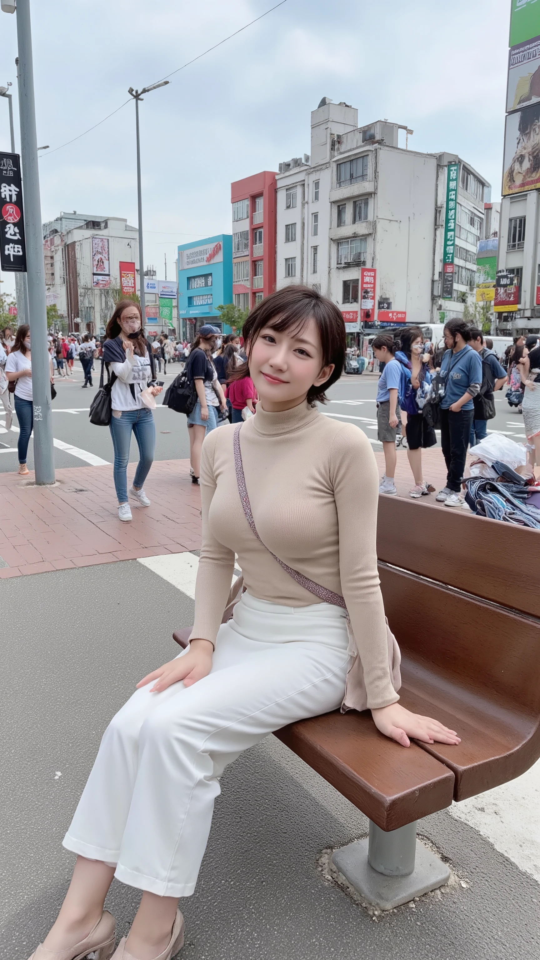 Smiling girl sitting on a bench on a street corner in Tokyo where many people come and go。I'm wearing a beige turtleneck knit and a tight white mermaid long skirt、 wearing high heels。The girl with beautiful short black hair and tanned skin is looking at me with an upward gaze。I'm hanging my sports bag diagonally、Photorealistic image of the bag strap passing between the chest 、Large breasts are emphasized。Photorealistic image with a composition looking down at the whole body from above、(paisla)、(Big Breasts:1.3)