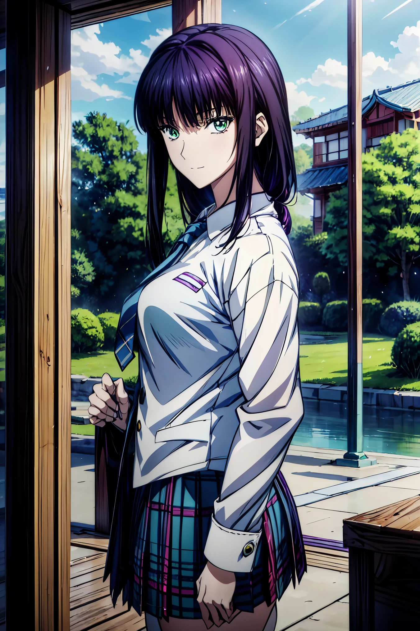Smile Face, blazer uniform,赤 purple hair, Green Eyes , eyes like jewels, 超 high resolution, ((( Green Eyes))),赤 purple hair, beautifulアニメ高校の女の子,( Masterpiece:1.2, 最 high quality ), ( exist, photo exist:1.4), beautifulイラスト, ( natural light , Movie Screenplay ), nsfw, watch viewers , COWBOY SHOOTING , Front view of the company :0.6, seat, Japanese, university student の女の子, perfect face, beautiful髪, beautiful顔, beautiful and amazing eyes, beautiful鎖骨, beautiful体, beautiful胸, beautiful太もも, beautiful足, beautiful指 , ((( navy jacket ), Light Blue Colored Shirt , details beautiful DEL I'm CATE EYES FULL OF DEC I ON , Black Sox, blue tartan ribbon tie )), ( beautiful風景), evening , Riverside, walk, smooth anime cg art , 魅惑的な Anime Girl , Let's Make a Girl in a Long Coat , high resolution, very detailedなイラスト, dark blue pleated miniskirt vibrator , RAW Photo , film grain , standing , U high resolution and 8K Connection , 長い赤 purple hairと Green Eyesをした Anime Girl , charming anime girl , 若い Anime Girl の接写, smooth anime cg art , beautifulアニメの university student の女の子, charming anime girl , シュールな university student の女の子, Anime Girl , 魅力的な Anime Girl , シュールな university student の女の子, GIRL WITH SHINY CLOTHING , high resolution, CG Details , high quality shadows, beautiful、delicate face、All the details , ディテール beautiful DELICATE EYES FULL OF DECISION,break( high resolution8Kの壁紙 ),(高度に CG Details 8kの壁紙),Makima ( chainsaw man ),Scathach ( destiny / GRAND ORDER REQUIRED ),reika shimohira , high resolution, とても繊細で beautifulCGイラスト,最 high quality , exist Feeling , exist fabric, exist texture,((( debris flies))), (((最 high quality ))),8k,At 32k, Masterpiece, beautiful and charming anime woman , Supermarkets, very detailed, high resolution,シュールな university student の女の子, Masterpiece, 最 high quality , high quality , Freshness , high quality texture, high quality shadow, high detail, sex , seat, university student , alone,I, alone, alone, ADULT BIB , beautiful長い脚, beautiful胸, beautiful太もも, Tight legs , beautiful leg line , Slender Waist in an Unmanned Bar ,Mature body girl, Big Breasts Only , beautiful胸,reddish purple hair, purple hair, BLACK CURRANT HAIR , charming Anime Girl , colorful hair, straight hair ,shy smile,幸せそうなsmile, Brilliant appearance ,cute smile,Cool Beauty, beautiful女性, handsome face , beautiful写実性, attractive figure , enchanting face , calm look , beautiful髪,smile, colorful eyes , Green Eyes,Jade Eyes, beautiful目,bright eyes, DELICATE EYES FULL OF DECISION, Jewel Eyes ,Jade Eyes,( Green Eyes:1.5), charming face,8 heads,:: 174cm,彼女は首に necklace 身に着けています, necklace ,beaded necklace ,Magatama Accessories,smile,
