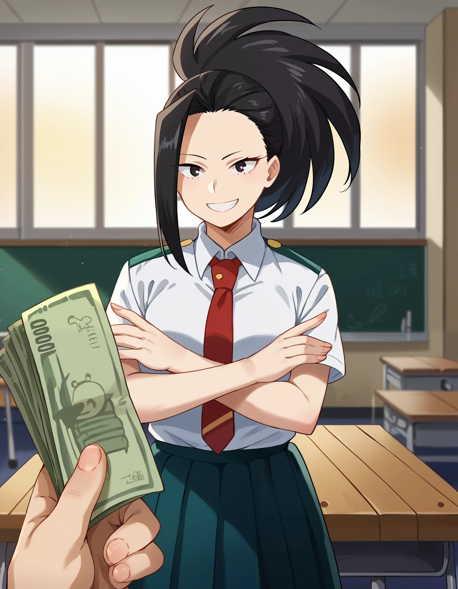 score_9, score_8_up, score_7_up, source_anime, yaoyorozumomo, yaoyorozu momo, long hair, bangs, black hair, ponytail, high ponytail, wide ponytail, shirt, school uniform, white shirt, short sleeves, necktie, collared shirt, red necktie, u.a. school uniform, indoors, standing, ((gym storage room)), dark room, crossed arms, ((((evil smile)))), ((alone)), ((classroom)), ((looking at viewer)), (((mischievous smile))), grin, ((((afternoon)))), ((sun set)), ((heavy shadows)), holding money pov, holding money, pov, banknote, holding,