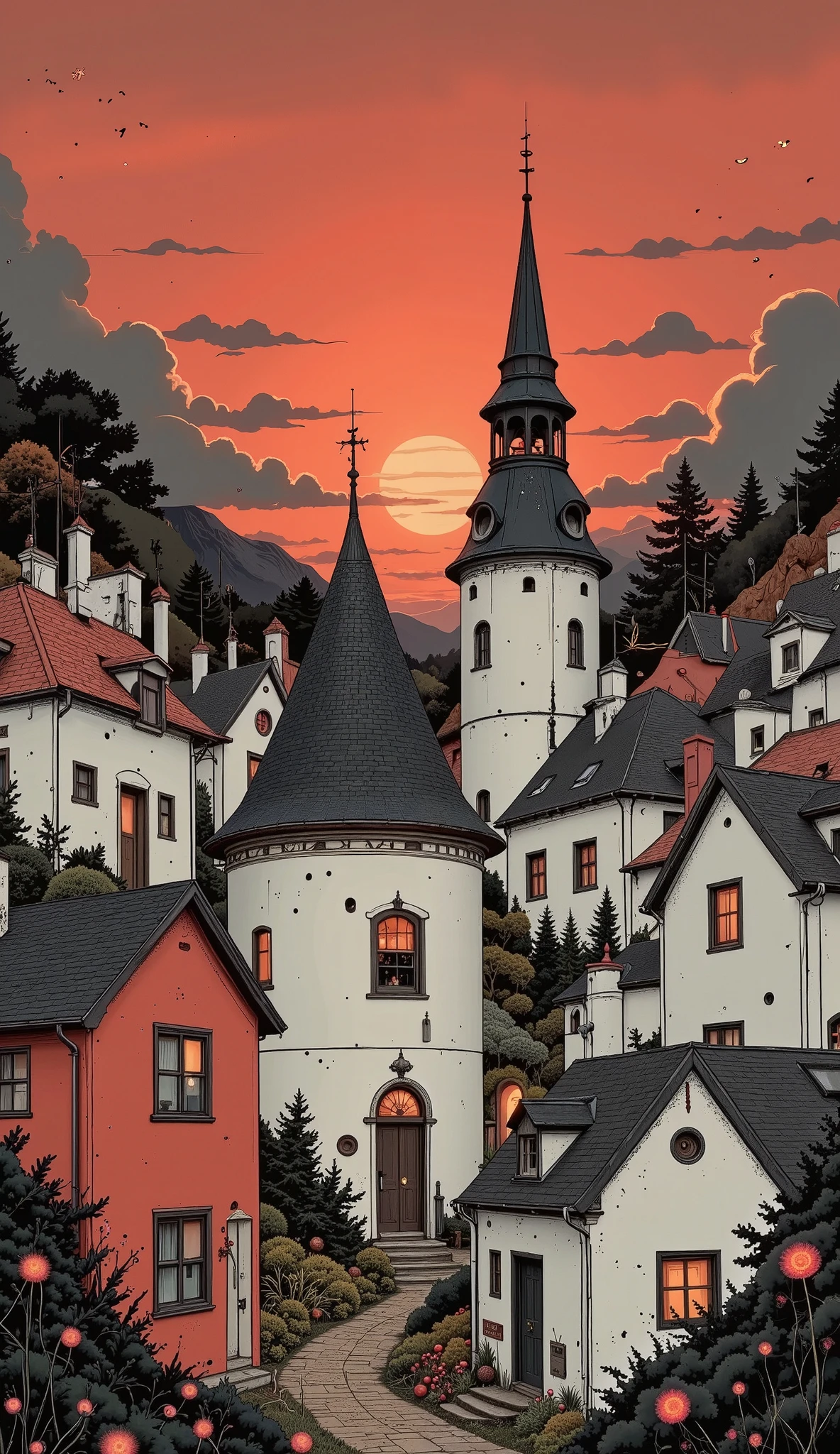 The image shows a stylized painting of a group of houses with various shapes and sizes ., predominantly in shades of red , white, and grey. The background Change from dark red at the top to lighter tones towards the bottom., suggesting a sunset or sunrise sky . Some houses have visible windows and doors ., while others are more abstract . The general composition gives the impression of a whimsical or dreamlike town .. Black outlines that resemble plants or flowers are present in some parts of the canvas ., Adding to the fantastic atmosphere . Stars or specks of light are scattered across the top of the image ..