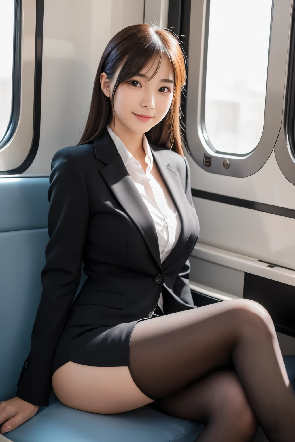 (Highest quality,4K,8K,High resolution,masterpiece:1.2), Very detailed,(Genuine,フォトGenuine,写真Genuine:1.37), Luscious aroma, luxury, Beautiful legs, Glamorous silhouette, {{Flight Attendant}}, Attractive Flight Attendant, (Black Pantyhose), Boring Tone, Camera flare effect, Beautiful light and shadow, firm hips, The entire show is shot from a low angle, Elegant Style, Vibrant colors, Sharp focus, Smooth skin texture, sexy charm, Camera zoom in effect, Smooth skirt movement, Strong and beautiful posture, Flight attendant&#39;s chic uniform, (Fluffy skirt)、Close-up of legs and groin、Angle from leg to crotch、{{Angle above the foot}}、{Very low camera angle looking up from the calf, Exposing the inside of the skirt}、{Panties under skirt}、Panties under skirtが見えている。