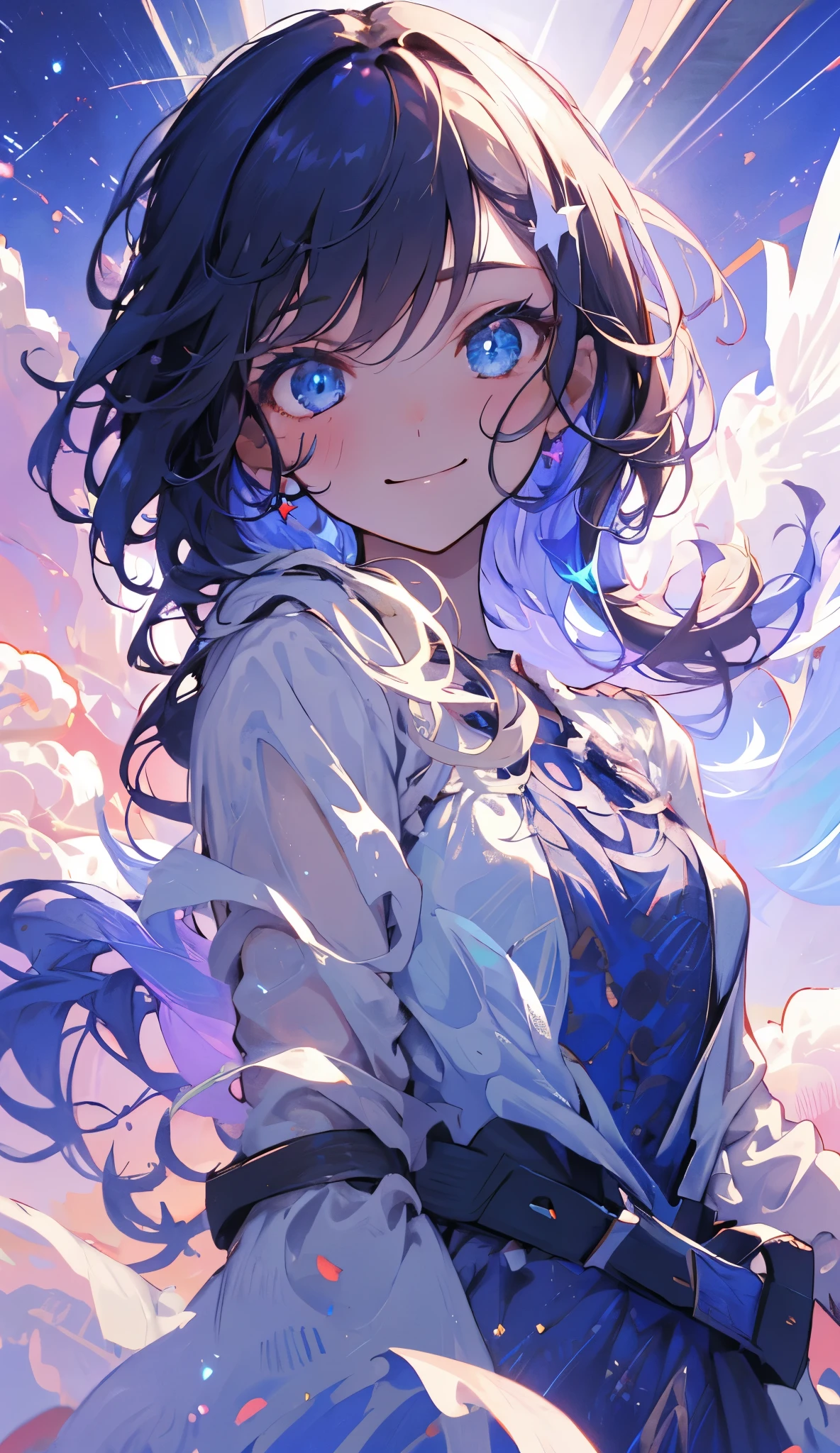 solo, 1girl, masterpiece, best quality, extremely detailed, Cinematic lighting, intricate detail, highres, official art, finely detailed beautiful face and eyes, high resolution illustration, 8k, depth of field, bokeh, dark intense shadows, overexposure,((space)), universe, short blue hair, blue hair, star pupil eyes, beautiful blue eyes, gradient hair, white dress, simple dress, fluttering dress, long sleeves, detailed clouds, gradient sky, blue eyes, purple sky, black sky, stars, ((milky way)), smile, looking at viewer, upper body, hands down