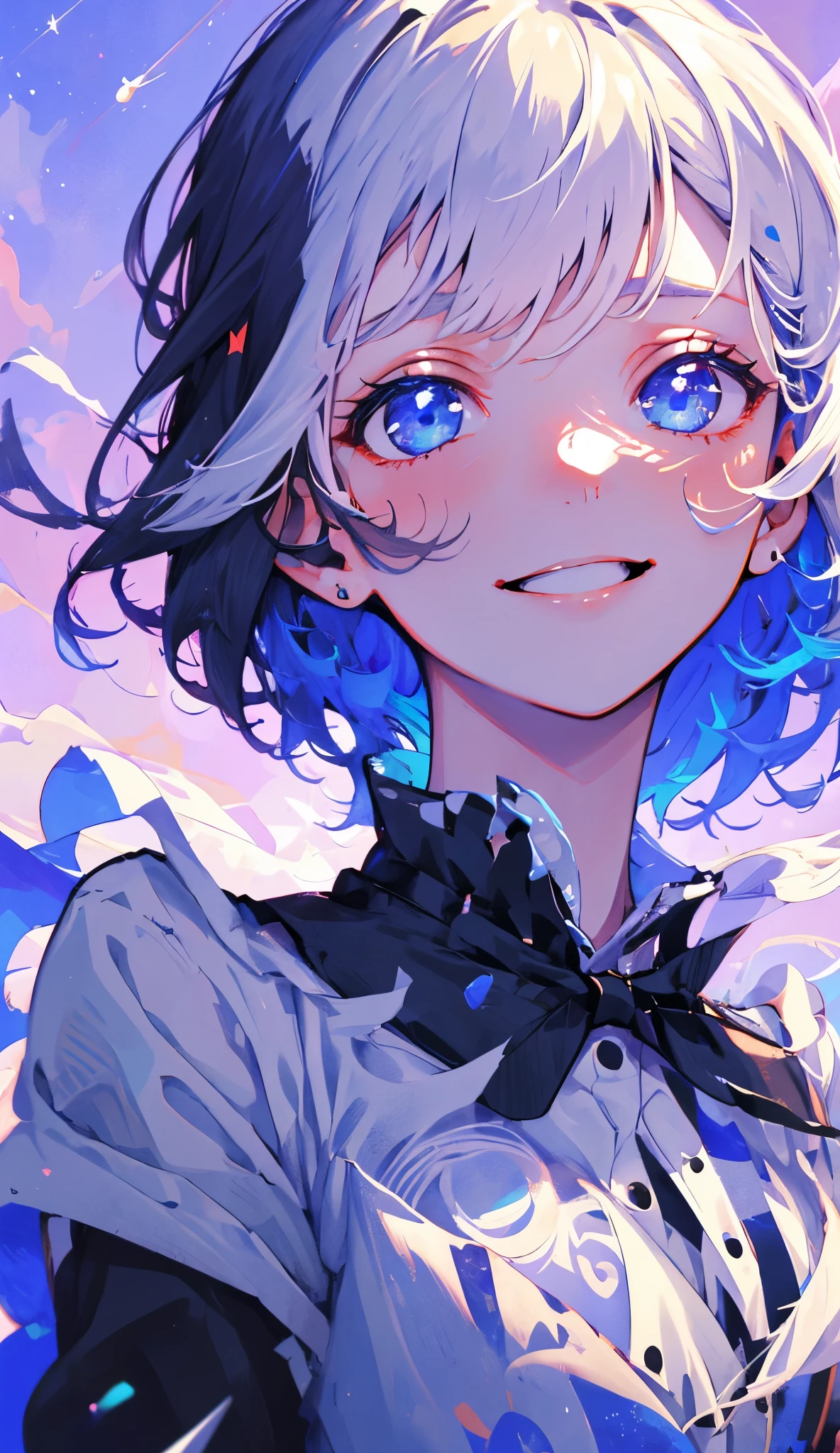 solo, 1girl, masterpiece, best quality, extremely detailed, Cinematic lighting, intricate detail, highres, official art, finely detailed beautiful face and eyes, high resolution illustration, 8k, depth of field, bokeh, dark intense shadows, overexposure,((space)), universe, short blue hair, blue hair, star pupil eyes, beautiful blue eyes, gradient hair, white dress, simple dress, fluttering dress, long sleeves, detailed clouds, gradient sky, blue eyes, purple sky, black sky, stars, ((milky way)), smile, looking at viewer, upper body, hands down