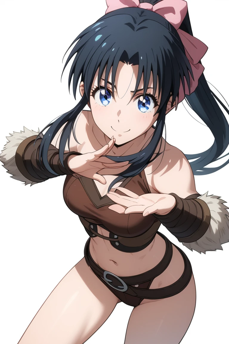Imagine a stunning anime girl with tan skin, wearing a bikini top and cargo pants, lying on the floor in a state of starvation and discomfort. Her ribs are visible and her sweat glistens in the light, a range of styles and variations to choose from for this stylistic rendering.