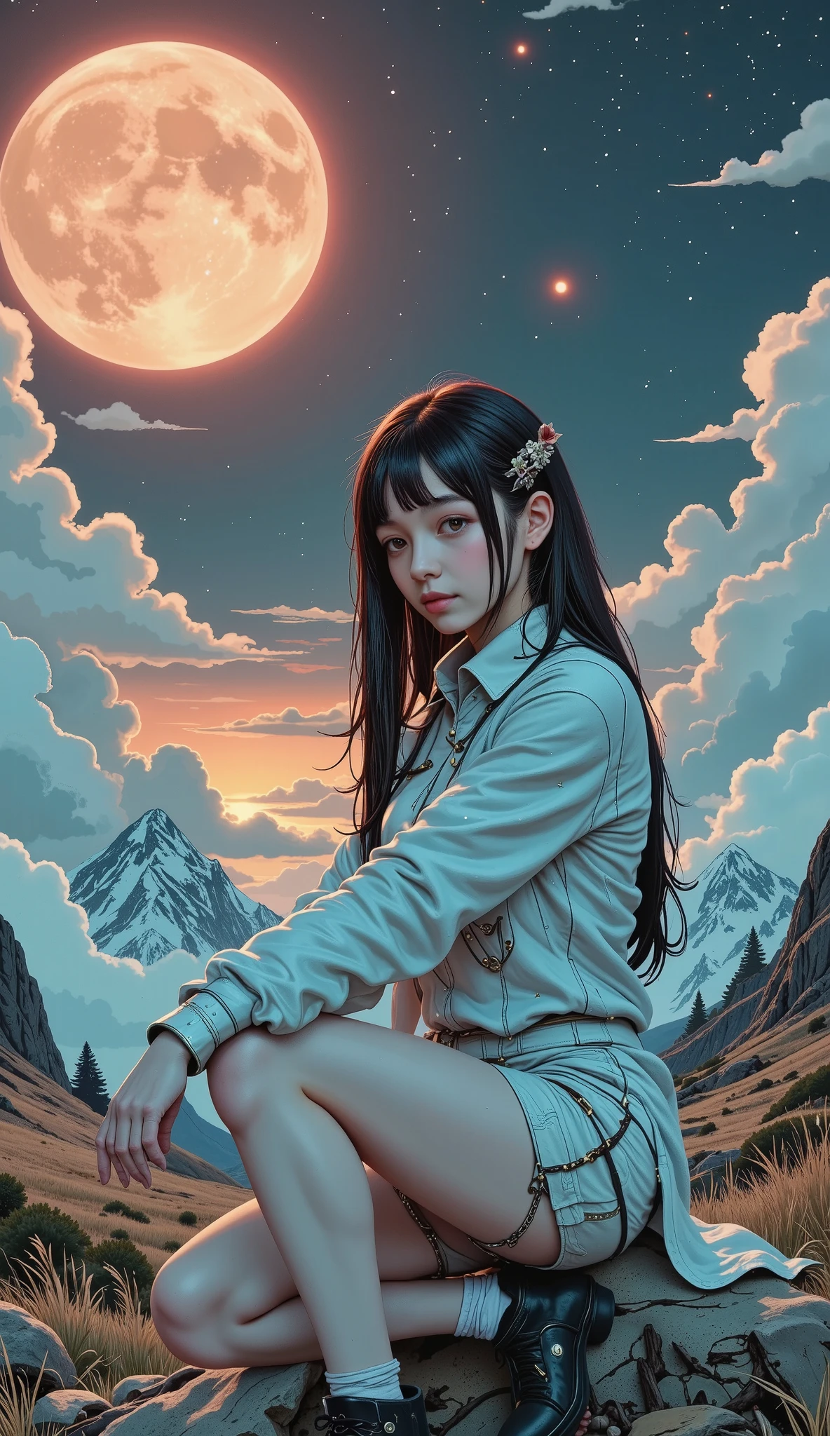 Young Girl from the stars, (shimmering fur), Celestial Antennas , Wonder Shell , Dream Planetary Landscape , ( Cosmic Enchantment ), surrealist art, vibrant and extraterrestrial palette, on their knees , Wide shot, f/1.8, bokeh