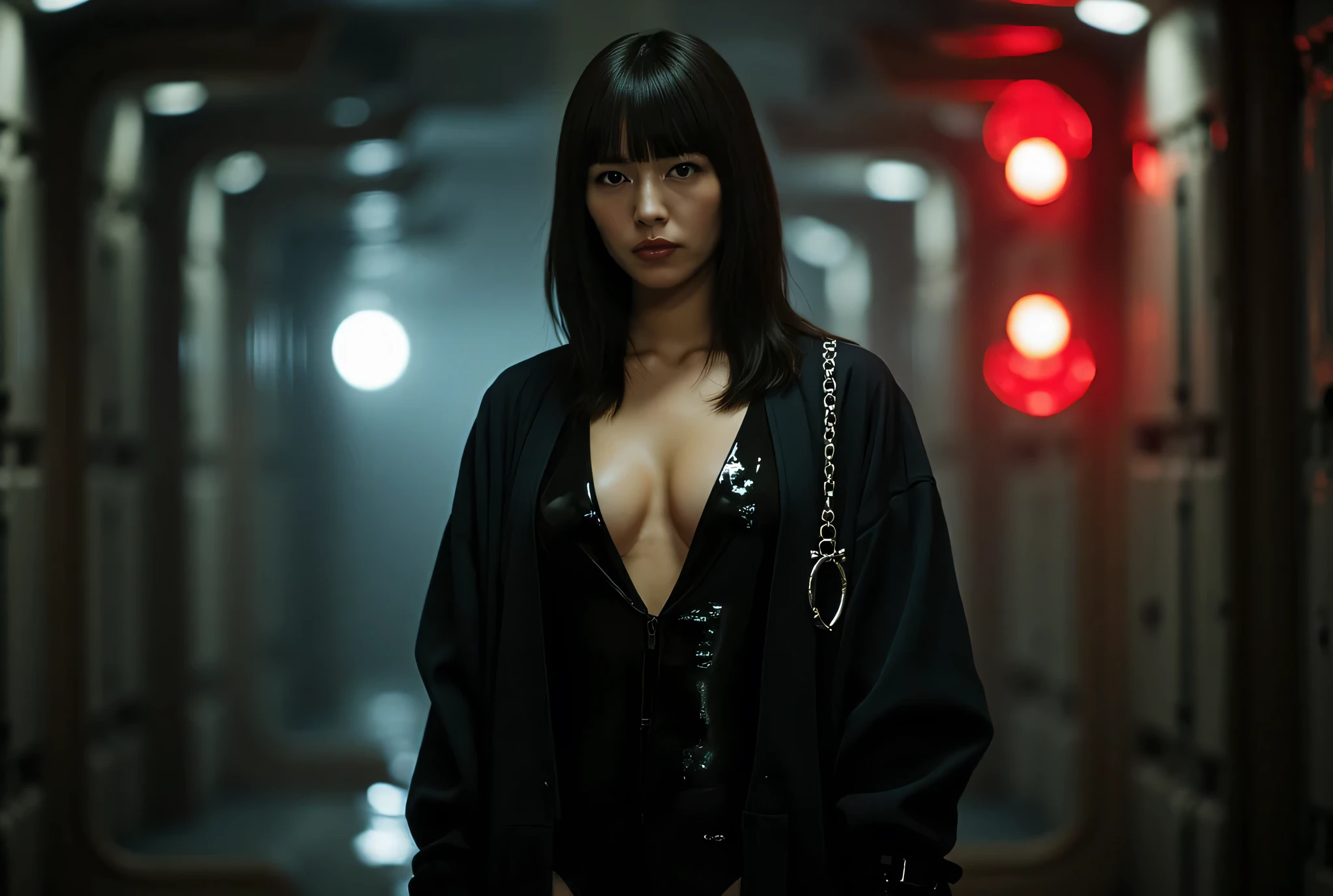 (((The dark interior of the Nostromo ship :2.0))),((( HR Gigger Style Cyberpunk Atmosphere :2.0))),((( Hold a cyberpunk-style Japanese sword :2.0))), standing,((whole body:2.0)), one woman,( cute face),(Beautiful well-balanced face ),(( natural big breasted :2.0)),( black hair:1.5),( beautiful eyes:1.3), Glamorous Shot of a 20-year-old Japanese Woman , Slender Beautiful Body ,(( Model Body Type:2.0)),(( slim body with hot water:1.7)), perfect body line , Ideal Proportions ,(( big breasts:2.0)),((F cup breasts:1.5)),Big Breasts,Bare thighs, sensual thighs, delicate body,( Shrimp:1.7),A harmonious posture,((Realistic breast depiction :1.7)), carefully depict limbs based on perfect anatomy,((Wear a samurai kimono-style military coat with an open front over a black super high-leg leotard :1.5)),(( super high leg leotard made of camy-like latex that fits the body:1.5)),((Samurai armor-style military coat with an open front over a leotard:1.5)),(ear monitor:1.5),((Tactical Holster:1.5)),( gloves:1.3), concept art ,( top quality:1.5),( Masterpiece:1.5),(Super high resolution),resolution,UHD,( delicate depiction), carefully drawn with butterfly wings ,32K,(( realistic skin texture:1.5)),((( super realistic:1.5))),Draw eyelashes carefully, very detailed face,Highly detailed female hand,Sexy appearance,Very sensual,(Blurry Dim Backgrounds :1.5), Professional Photoshoot,( Movie Lighting:2.0),(( Blade Runner Style Lights :2.0))