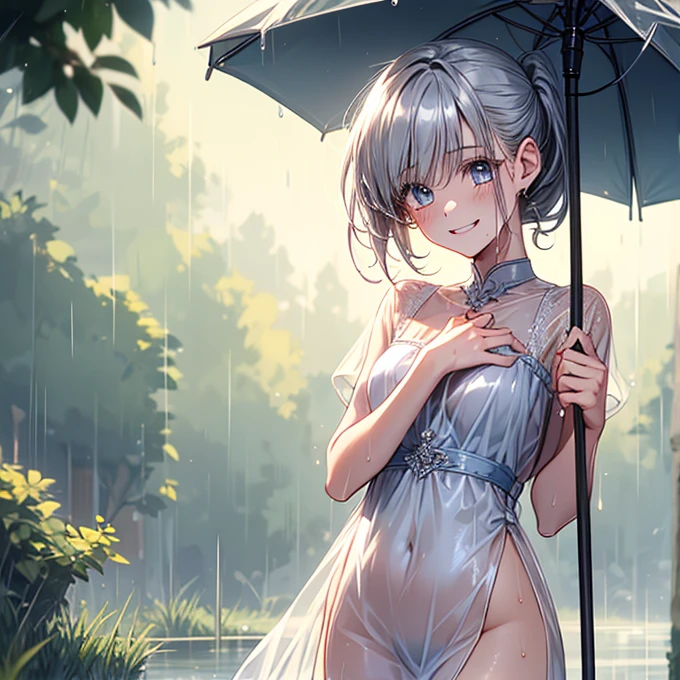 Obra-prima of the highest quality, an anime-style image of a girl dashing through the rain (Estilo anime), her hair and raindrops shimmering, (girl: 1.1), sleek and agile, (wet clothes: 1.4), pale complexion, (umbrella: 0.6), wide open eyes reflecting the rain, (puddles: 1.3), long lashes, (raindrops on face: 0.8), expressive and dynamic pose, (raincoat: 0.5), color palette that perfectly captures the mood of the rain, (background: 1.5), ex