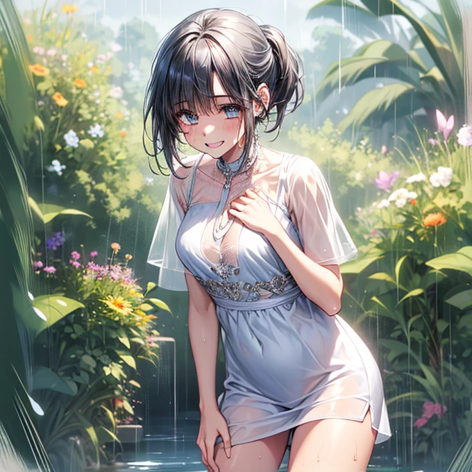 Fairy in forest,Claude Monet's impressionist style,soft light dappling through leaves,dreamy watercolor texture,serene expression,water lilies nearby, damp seethrough dress, covering breasts with her hands