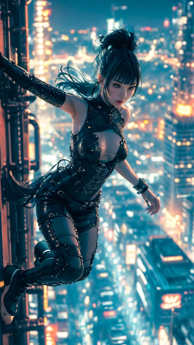 (Very detailed, Masterpiece:1.2), highly detailed artwork, Best quality, High resolution, Excessive realism:1.37, attractive girl, Breathtaking jump, city background, Realistic lighting, Vibrant colours, Elegant dress, Flowing hair, Graceful posture, Charming expression, Captivating eyes, Delicate facial features, Dynamic movement, bustling streets, Tall skyscrapers, Busy traffic, Glowing neon signs, Vibrant city life, The urban views are breathtaking, Intricate architectural details, City lights are vivid, Bustling city atmosphere, bustling streets, Modern cityscapes, Urban energy