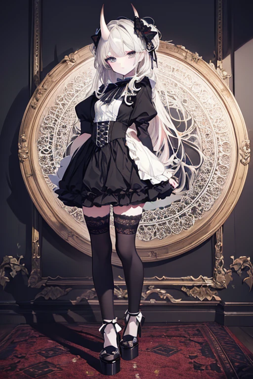 elvish, teens girl, solo, full bodyesbian, platinum-blonde,Twin-tailed, blue eyes, Smiled, Standing, Greetings at Curtsy, 
maid clothes(Solid black short dress, puff sleeves, Knee-length short dress, White cuffs with sleeves, 1 black button on cuffs, The collar is white, White Apron Dress(Shoulder buttons, White lace ruffles at shoulder straps, Big ribbon knot at the back))
Red Ascot Thailand, 
Head headband with white lace ruffles, 
Black garter stockings,
Black garter belt(Red flower embroidery on Boston)
white panniers(Lots of frills, The hem of the pannier is lace), 
Black enameled shoes(high-heels),
Mucha style background