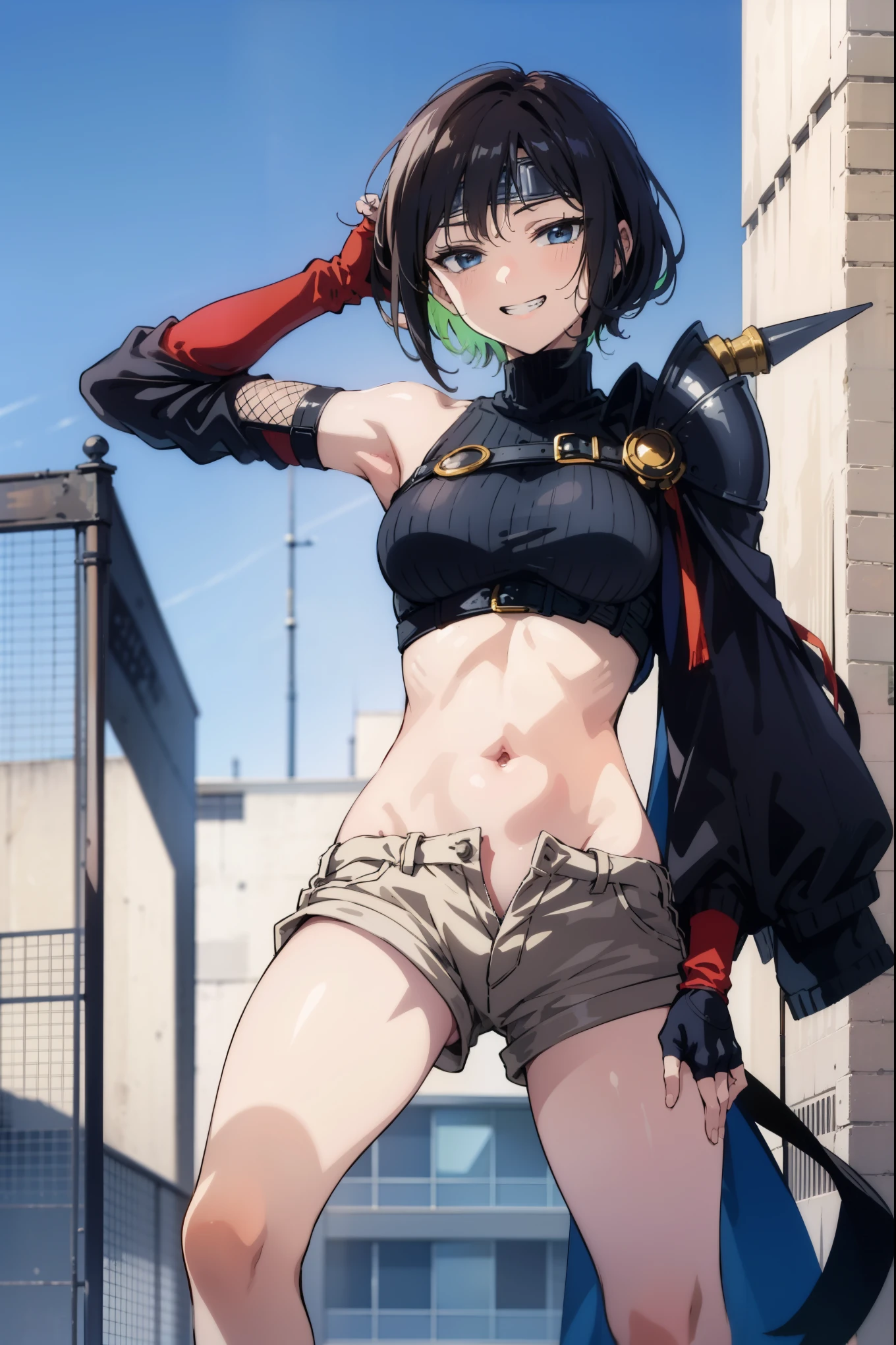 (One girl)、((short hair))、(sidelock)、(right bronze hair)、(sidelock)、(Sato Air)、((boyish))、((flat chest))、((Wizard))、black stick pants、White sleeveless、black jacket、black gloves、say、green eye、arm behind back、(coarse hair)、20-year-old 、curvy、asymmetrical bangs、White Background、