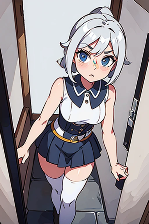 blue beret, white hair, blue eyes, trimmed straight hair, 1girl, gorgeous, virgin killer sweater, 4k, hd, room, looking at the viewer, repaired eyes, correct anatomy, natural colors, anime, closet-up, artgrem, gesugao, standing, parted lips, sadistic, half-closed eye, (glowing eyes:0.5), sexy pose,