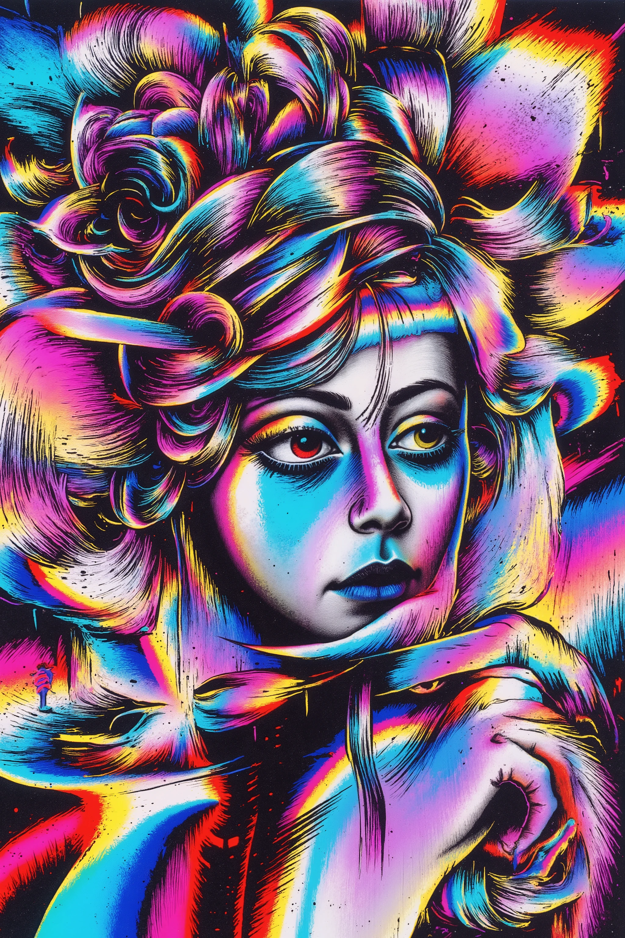 A surreal illustration in the Gradient Mesh style, featuring smooth blended color transitions and ethereal lighting. The character appears as if sculpted from flowing gradients, with metallic paint accents adding reflective highlights. The airbrushed surfaces enhance the fluidity, while glazing techniques create a sense of depth and transparency. Despite the seamless aesthetic, disruptive elements intrude—a grunge texture introduces rough imperfections, and chaotic paint splashes distort the harmony. Dust & scratches overlay the polished look with aged imperfections, while retro TV noise adds a VHS grain effect. Glitch distortions subtly fracture the otherwise smooth curves, creating a paradoxical fusion of futuristic elegance and digital decay.
