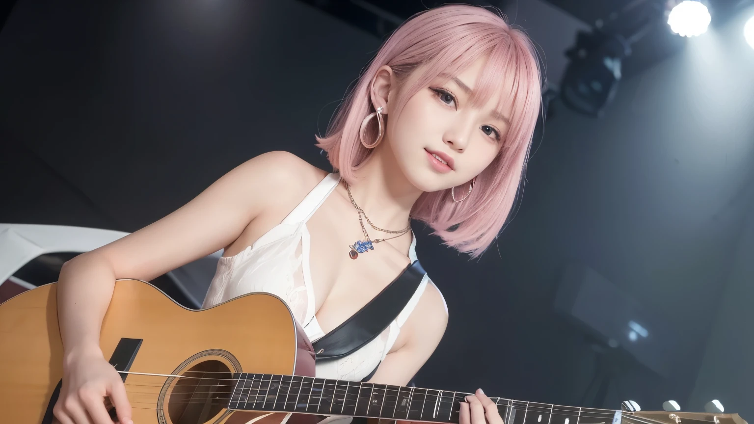 (RAW photo:1.2), ((photorealistic:1.4),(masterpiece:1.3),(best quality:1.4),ultra high res,(detailed facial features),(detailed clothes features),HDR,8k resolution, solo focus, bangs, skin tight, (shiny skin), 1girl,silver dress,pink hair,long hair,(play the guitar), (pink jacket),cube hair ornament,track jacket,full-body,black chain,medium breasts, shy, (looking down:1.2)<lora:hitoriGotohBocchiThe_v1:0.5>