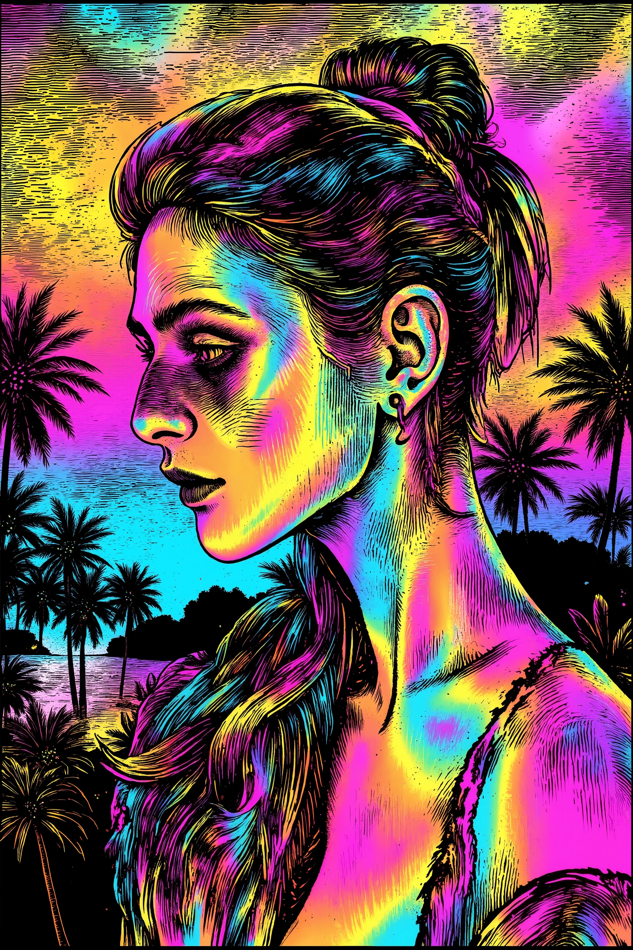 A surreal illustration in the Gradient Mesh style, featuring smooth blended color transitions and ethereal lighting. The character appears as if sculpted from flowing gradients, with metallic paint accents adding reflective highlights. The airbrushed surfaces enhance the fluidity, while glazing techniques create a sense of depth and transparency. Despite the seamless aesthetic, disruptive elements intrude—a grunge texture introduces rough imperfections, and chaotic paint splashes distort the harmony. Dust & scratches overlay the polished look with aged imperfections, while retro TV noise adds a VHS grain effect. Glitch distortions subtly fracture the otherwise smooth curves, creating a paradoxical fusion of futuristic elegance and digital decay.
