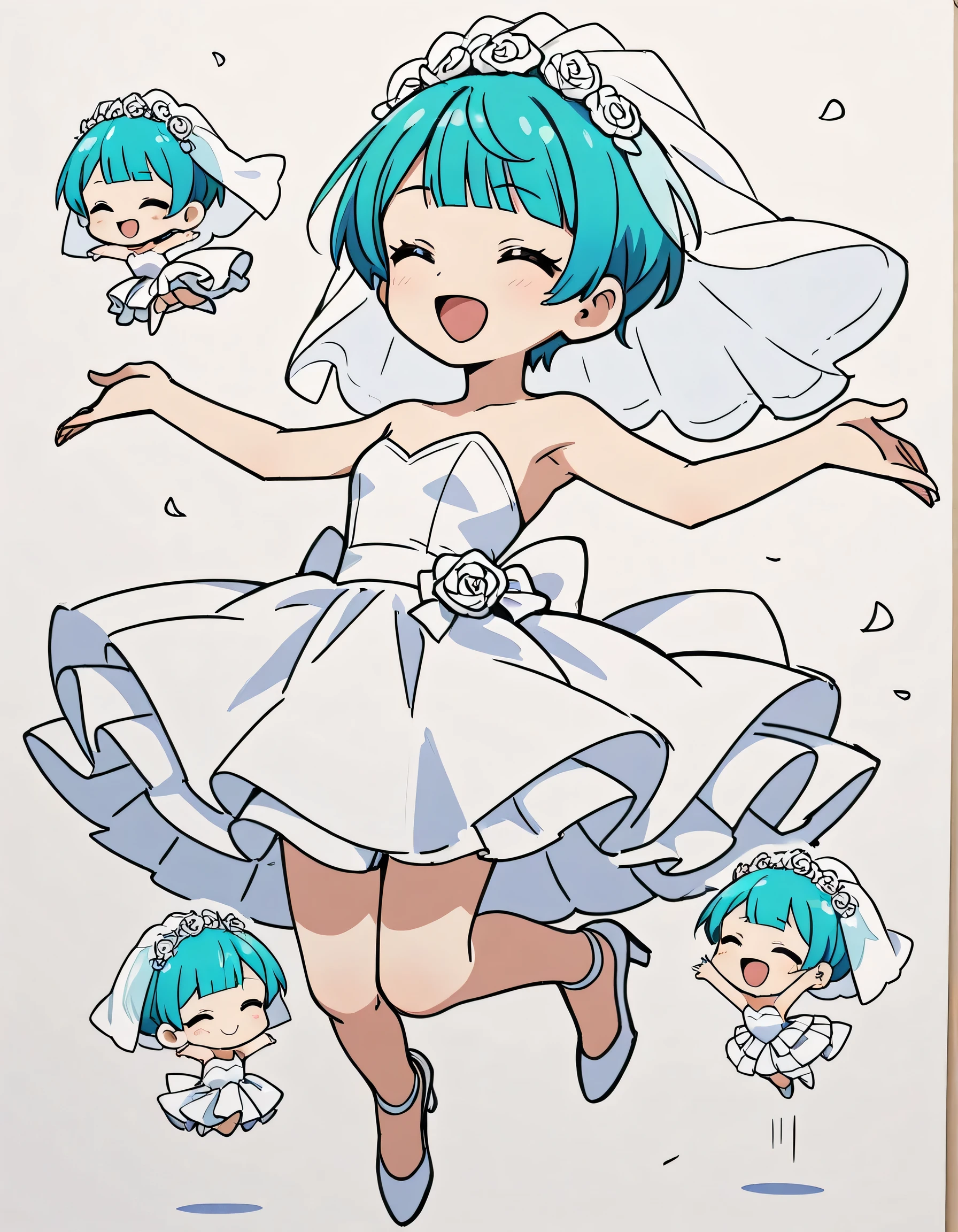 chibi,Alone,(jumping),(happy),emerald blue short pixie cut,blunt bangs,white wedding veil, wedding dress,White high heels,closed eyes smile,kind pose:1.3,( manga style),(sketch),(illustration),