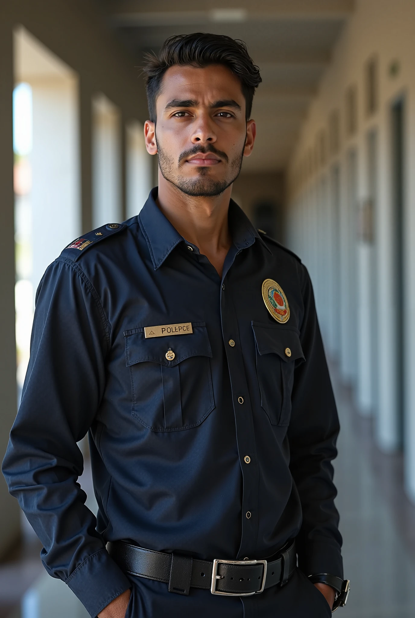 Base model of a handsome indian man, in the hospital ,homoerotic, masterpiece, , handsome face, posing for photo shoot, ultra HD, 16k resolution, handsome face, beautiful eyes, messy hair, he is a police officer, (wearing indian police uniform  ), penis,  ,nsfw