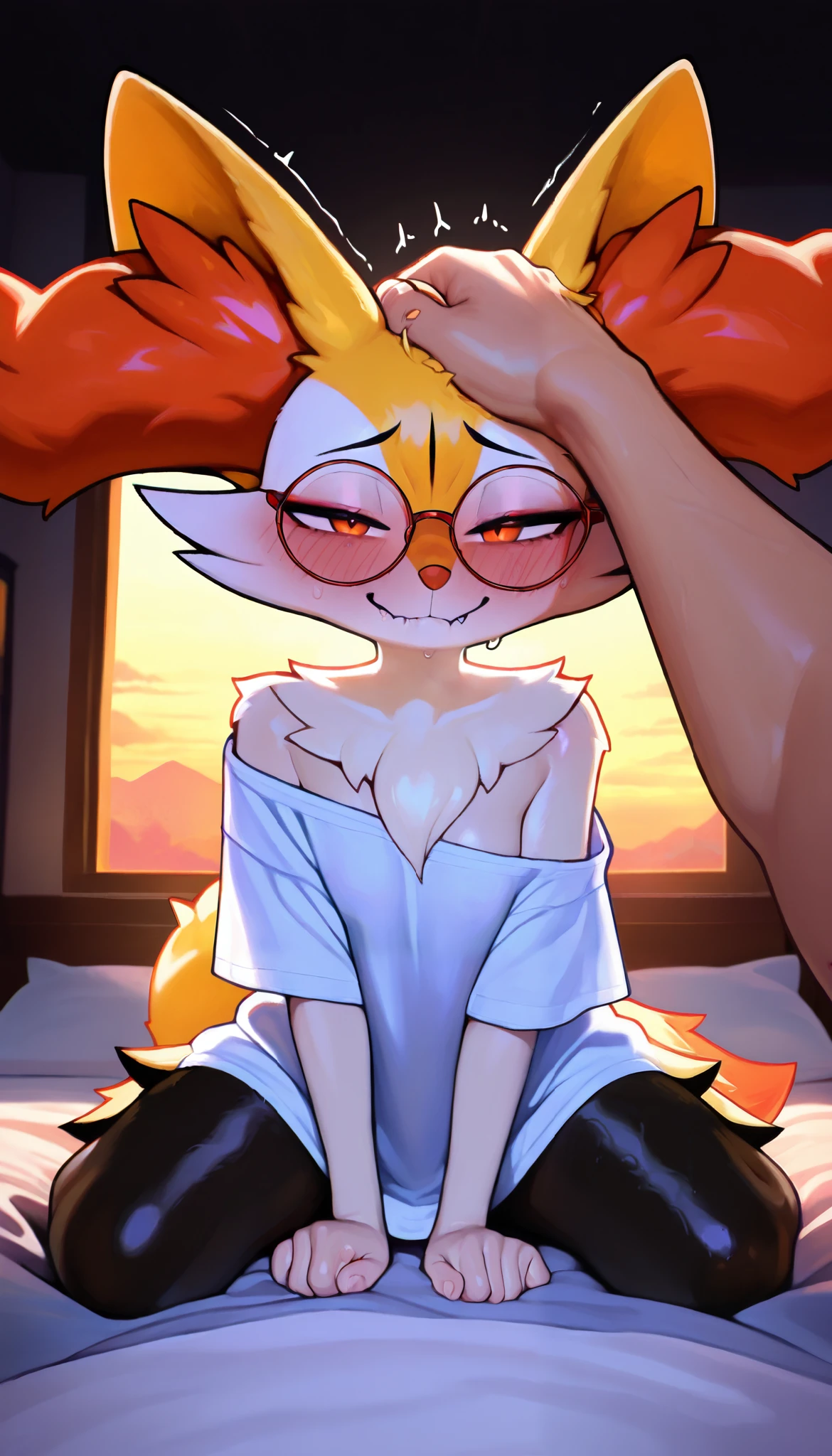 1girl, braixen \(pokemon\), pokemon \(creature\), braixen, furry female, orange eyes, fangs, biting lip, half-closed eyes, closed mouth, looking at the viewer, heavy breathing, shy, nervous smile, tail, breasts, white t-shirt, oversized clothes, baggy shirt, single off shoulder, close-up, upper body, female focus, 1boy, light skin, human, headpat, petting, contrast lighting, side lighting, masterpiece, best quality, newest, absurdres, highres, amazing quality, very aesthetic, bedroom setting, red round glasses, sunset, drooling, pov, freckled face, kneeling, over bed, trembling