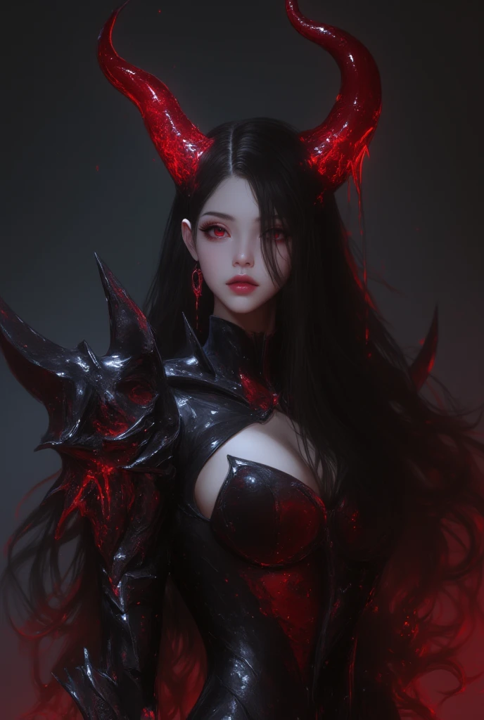 detailed demon-like woman, vibrant black and red eyes, intricate horns, sharp teeth, ebony hair, pale skin, dark fantasy, cinematic lighting, dramatic chiaroscuro, rich colors, highly detailed, photorealistic, 8k, masterpiece