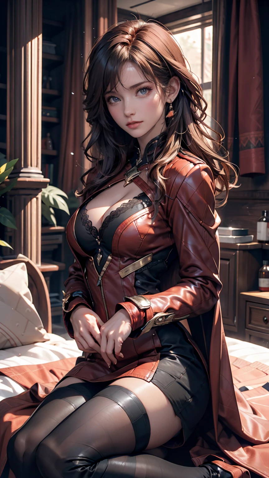 8K,Masterpiece,One woman,On the bed,seiza,wariza, 白いpanties,Fantasy otherworldly character ,(legs wide open),8K,Masterpiece,(One woman),On the bed,panties,Female pirate crew member,(female knight),Medium Hair,blue eyes, Realistic, Sci-fi fantasy,Game characters,Slender figure,Cleavage,Separate outfits,steampunk,Wine red costume,Pirates of the Caribbean,Pirate costumes,Color variations,(I don't wear a hat)