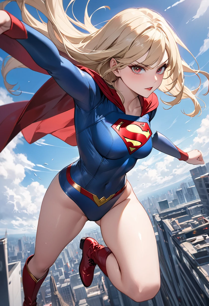 masterpiece, 4k, 8k, high quality, highly detailed, detailed face, HDR, vivid colors, natural lighting, Best Shadows, Shallow Depth of Field, Portrait of (Supergirl:1.1) standing on a rooftop, smiling, red skirt, red cape, red boots with heels, delicate, alluring blue eyes, lovely medium breasts, blonde, (Superman symbol on chest:1.2), bare legs, open navel, blue sky, sunlight, clouds, sun, bloom,