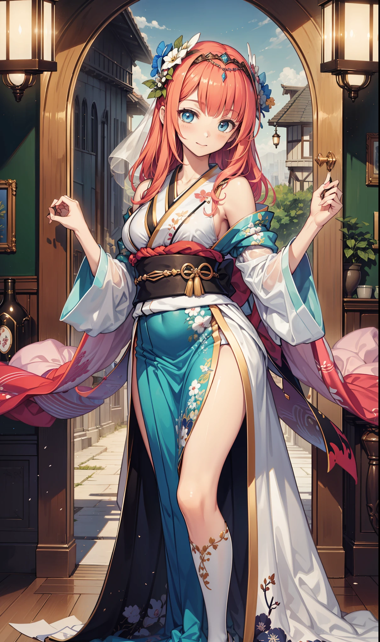 masterpiece, high resolution, high quality, NSFW, pink kimono, big, cat ears, floral pattern, closed eyes, red hair, long hair