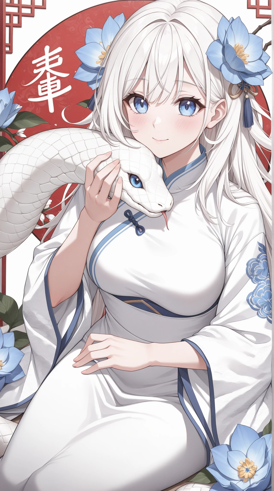 solo, a girl wearing a white choeongsam, petting a white snake, blue flower in background, Chinese theme, absurdres, masterpiece, best quality, UHD