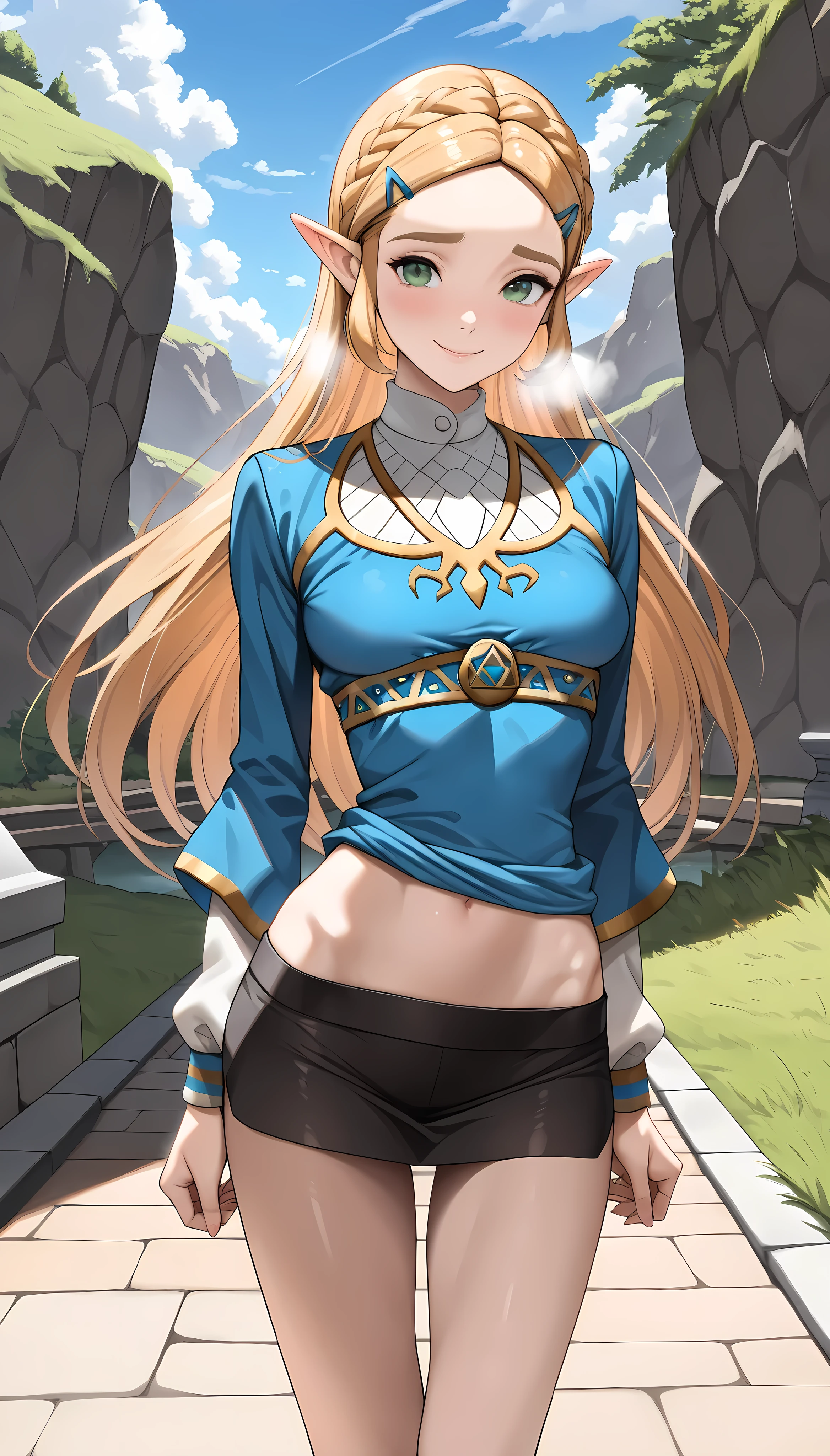 『The Legend of Zelda』A masterpiece that expresses Princess Zelda in the highest quality......., Breath of the Wild, Solo portrait of a girl with ample breasts, Shine inspired by Nintendo, The stage is in a bright forest, Blue jacket, large brown belt around the waist, Blue loincloth, Brown boots, Black leather pants, White inner, Leaning forward, (close up of face:1.3)