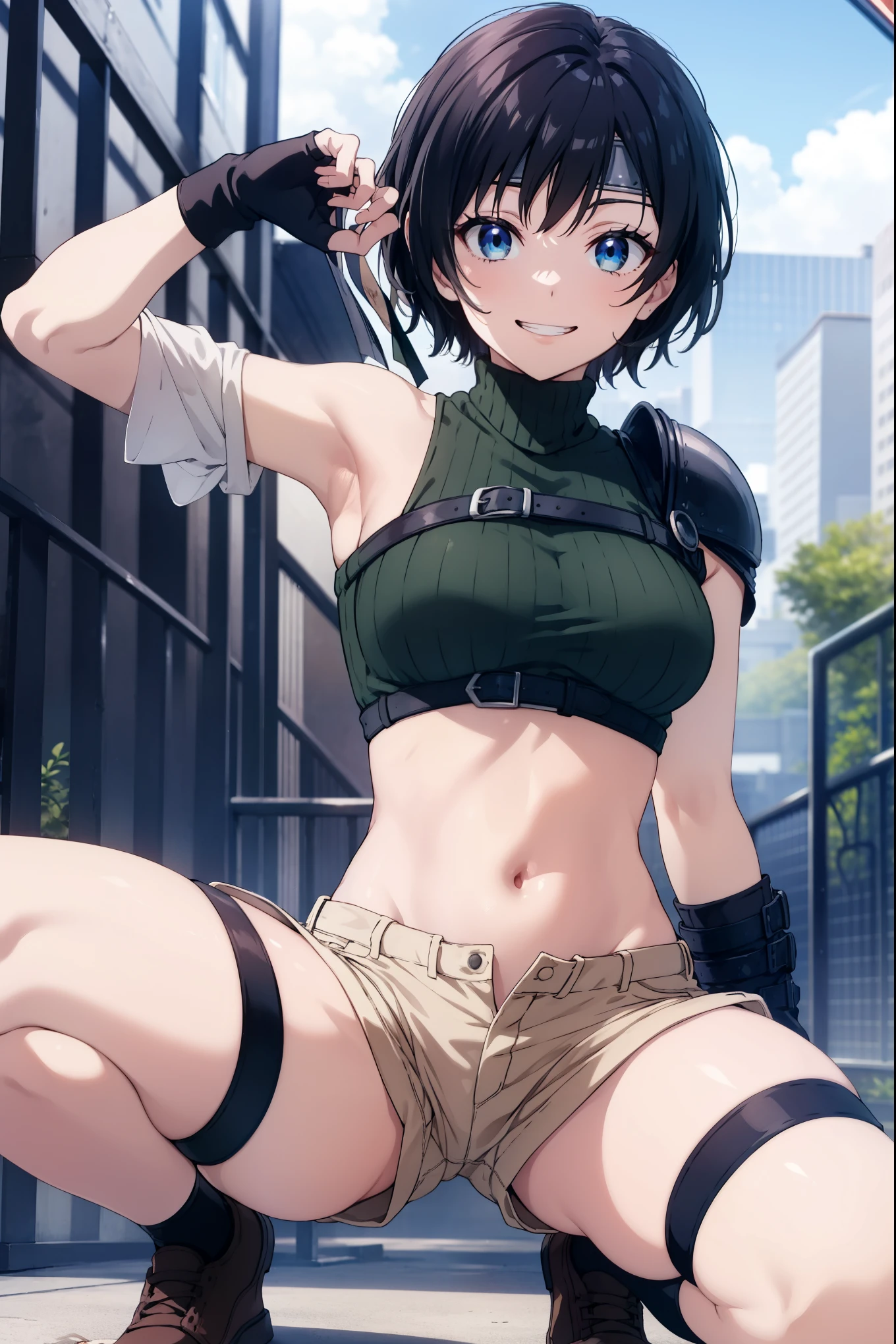 masterpiece, best quality, integrated scenery, integrated background, extremely delicate and beautiful, meticulous details, good composition, , cute face, perfect face, perfect hands, best quality, 1teen_girl, armor, bangs, yuffiekisaragi, Yuffie Kisaragi,Haircuts, pixie cut,
BLAKE crop top, fingerless gloves, fishnet Thighhighs, fishnet, forehead protector, gloves, head band, belly button, short_shorts, peak_groin,shorts, single sleeve, single thigh high, No sleeve, No sleeve turtleneck, Thighhighs, turtleneck、blue sky、evil_smile, solo,nihil,knee,squatting,ninja_posing,teeth,grin,