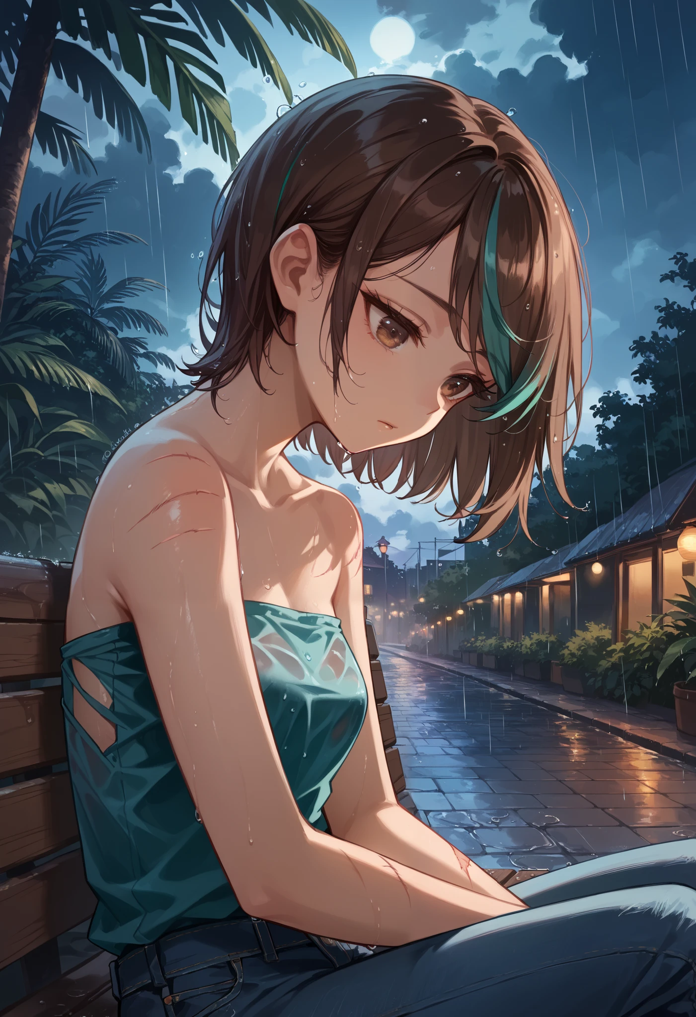 (Masterpiece, best quality), intricate details, JK, highly detailed, intricate details, from side, sitting on bench, beneath tree, looking down, close up, tired expression, ((brown eyes, brown hair, short shoulder-length hair, hair with teal highlights, long swept bangs)), ((strapless sleeveless shirt, teal shirt, jeans)), (((long swept bangs))), thin, small breasts, slightly toned arms, head tilt, ((cuts, bruises)), teal building complex, tropical plants, cobblestone path, trees, ((dark clouds, dusk, rain, puddles, wet clothes, wet hair, wet skin)), lights,