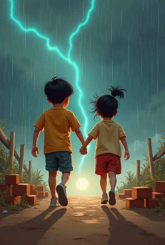 A boy named Miguel helping a friend during a storm. The sky is dark with lightning and heavy rain. Miguel is a nice and kind boy, and the friend is taking shelter under an umbrella. The scene should convey the idea of help and friendship in a stormy environment.