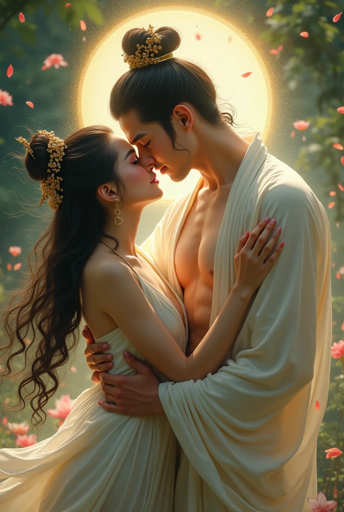 Create a virtual image,A naked village girl from the Tang Dynasty is being carried by a young man in a white hunter's uniform in a dense forest.