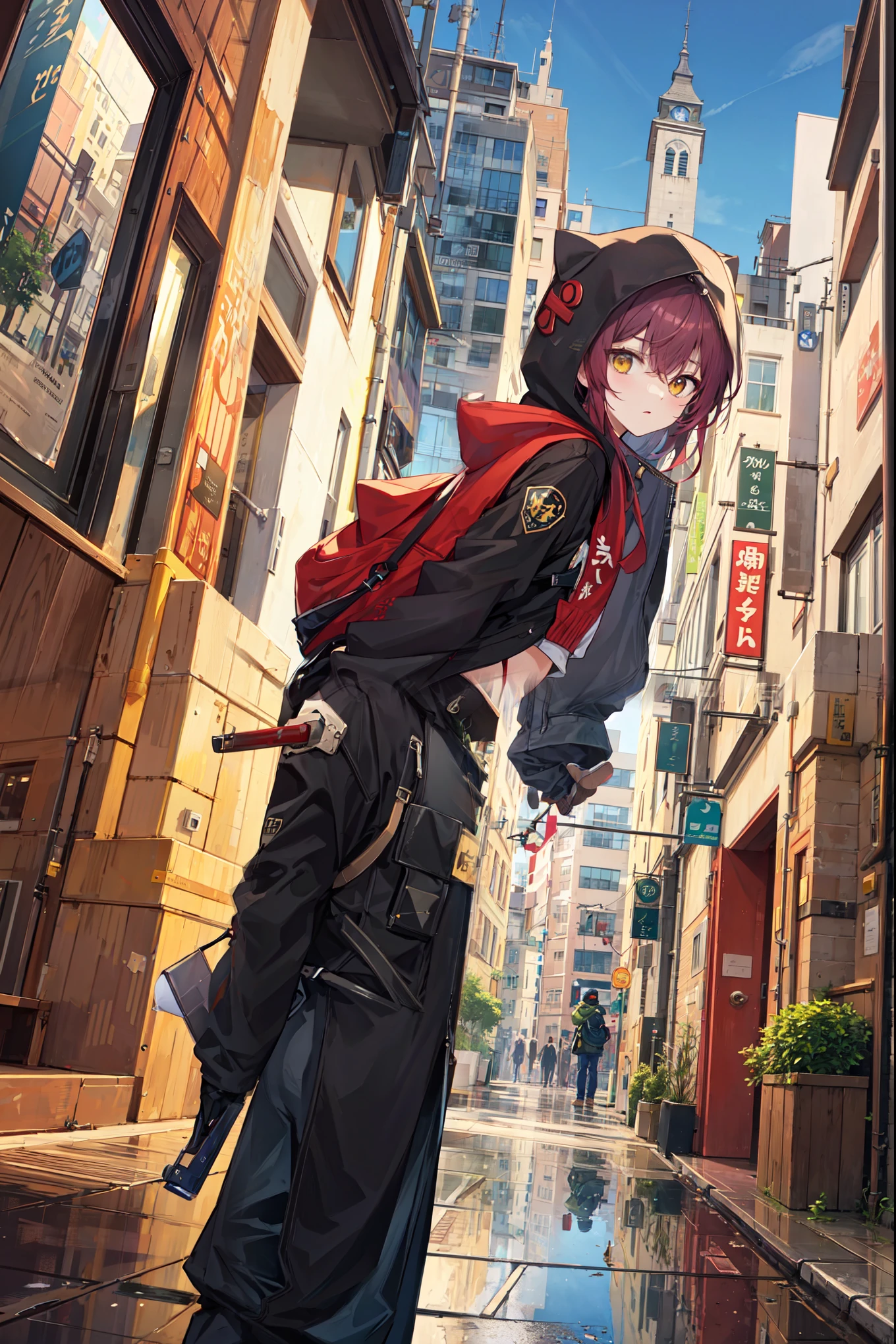 masterpiece, best quality, very aesthetic, absurdres,city ,shino, shino hood, yellow eyes