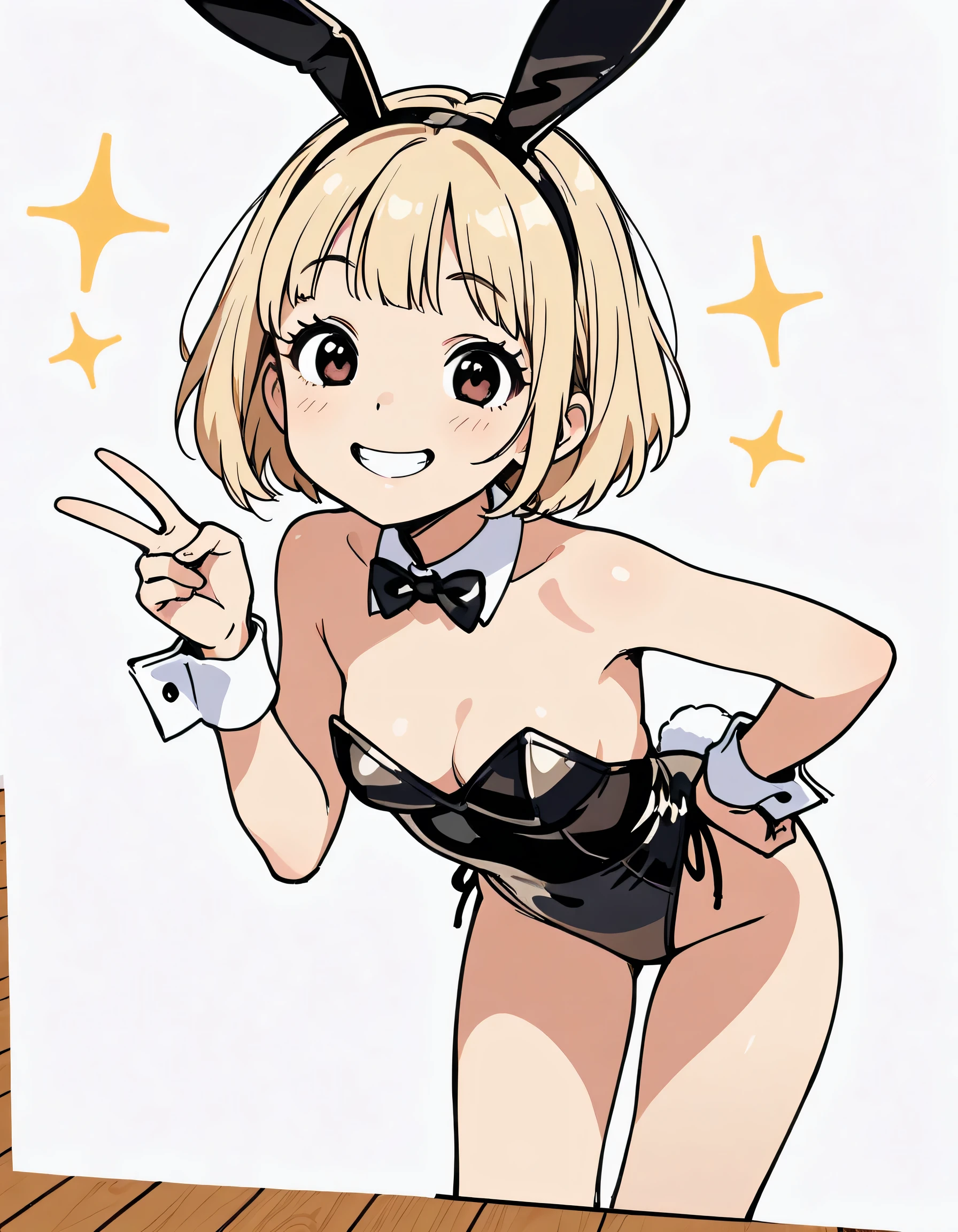 solo,18years old,(happy),blonde short hair,bangs,bunny ear,sexy excellent luxury bunny suits,smile, (peace sign both hands),grin,leaning forward:1.3,white background,(manga style),(sketch),(illustration),