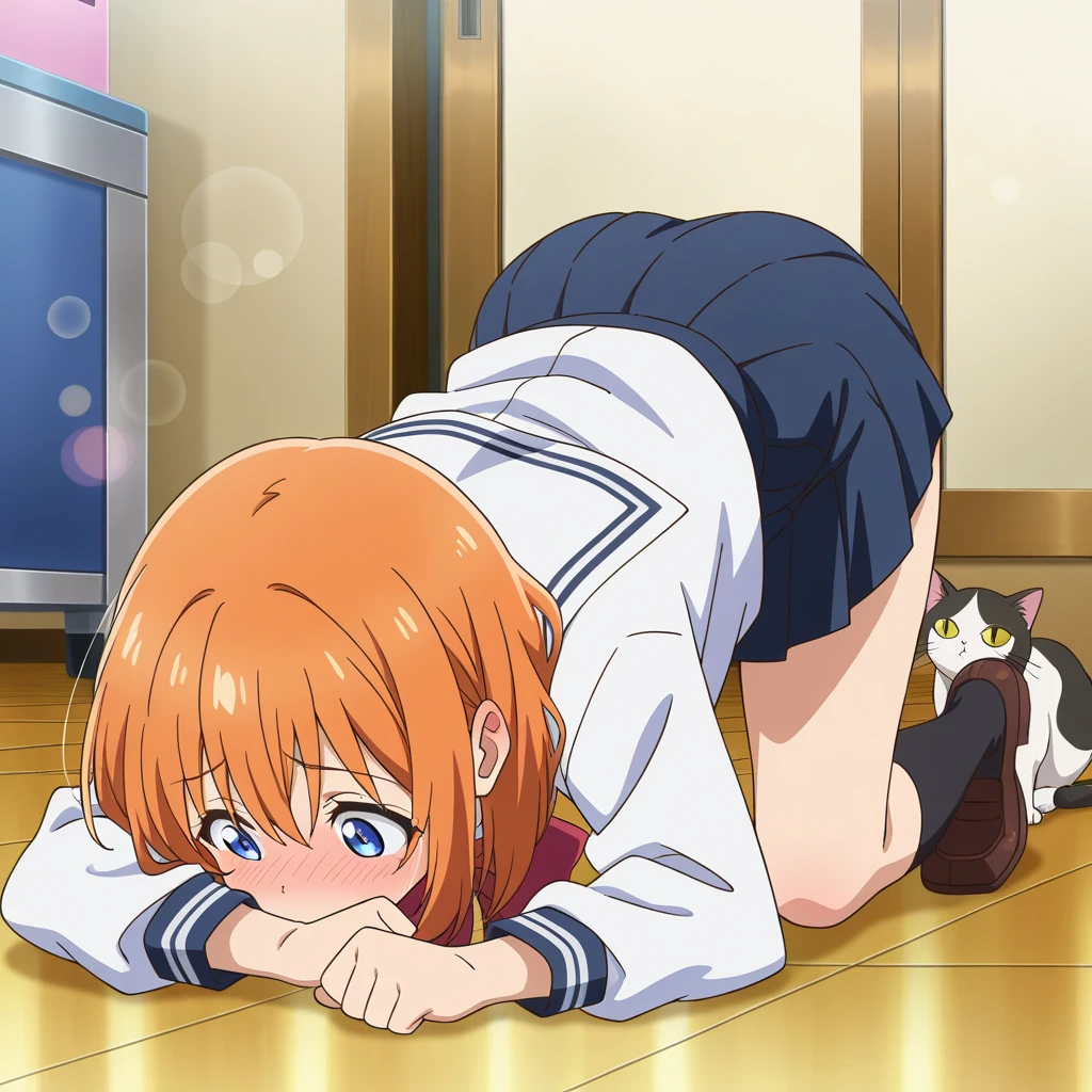 score_9, score_8_up, score_7_up, score_6_up, source_anime,(from below),(girl on top,sit astride,pov),top angle),straight-on , 1girl, ryuuguu rena, solo, teenage, kawaii, breasts, medium breasts, blue eyes, open mouth, orange hair, short hair, medium breasts, simple background, white background, blue , serafuku, skirt, smile, pleated skirt, blue skirt, necktie, yellow necktie,,anime screencap, anime coloring,(best quality),(aesthetic,very aesthetic),anime keyvisual,sharp focus,depth of field,,professional lighting,cinematic lighting,