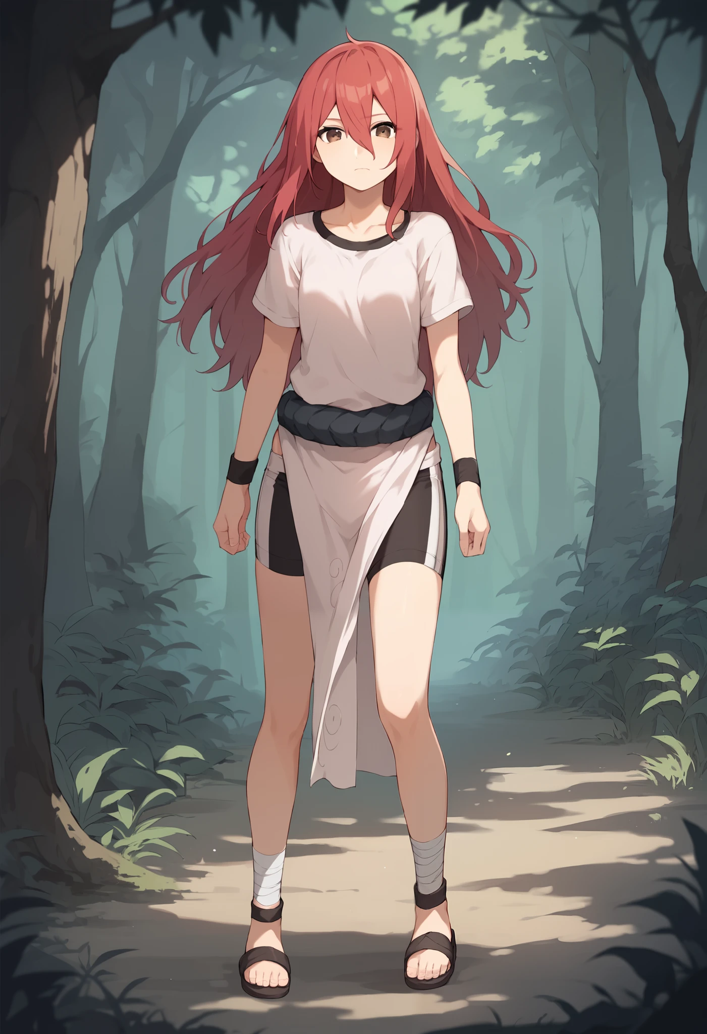 pelvic curtain, wristband, Alone , long hair, red hair face, brown eyes, 1 girl, has, short sleeves, looking at the viewer, Shimenawa, collarbone, hair between the eyes , closed mouth , shirt, full body shirt, expressionless, cycling shorts, unfeminine girl , squinting eyes , hair between the eyes , ankle wrap , fingerless footwear , sandals, al aire libre, forest
