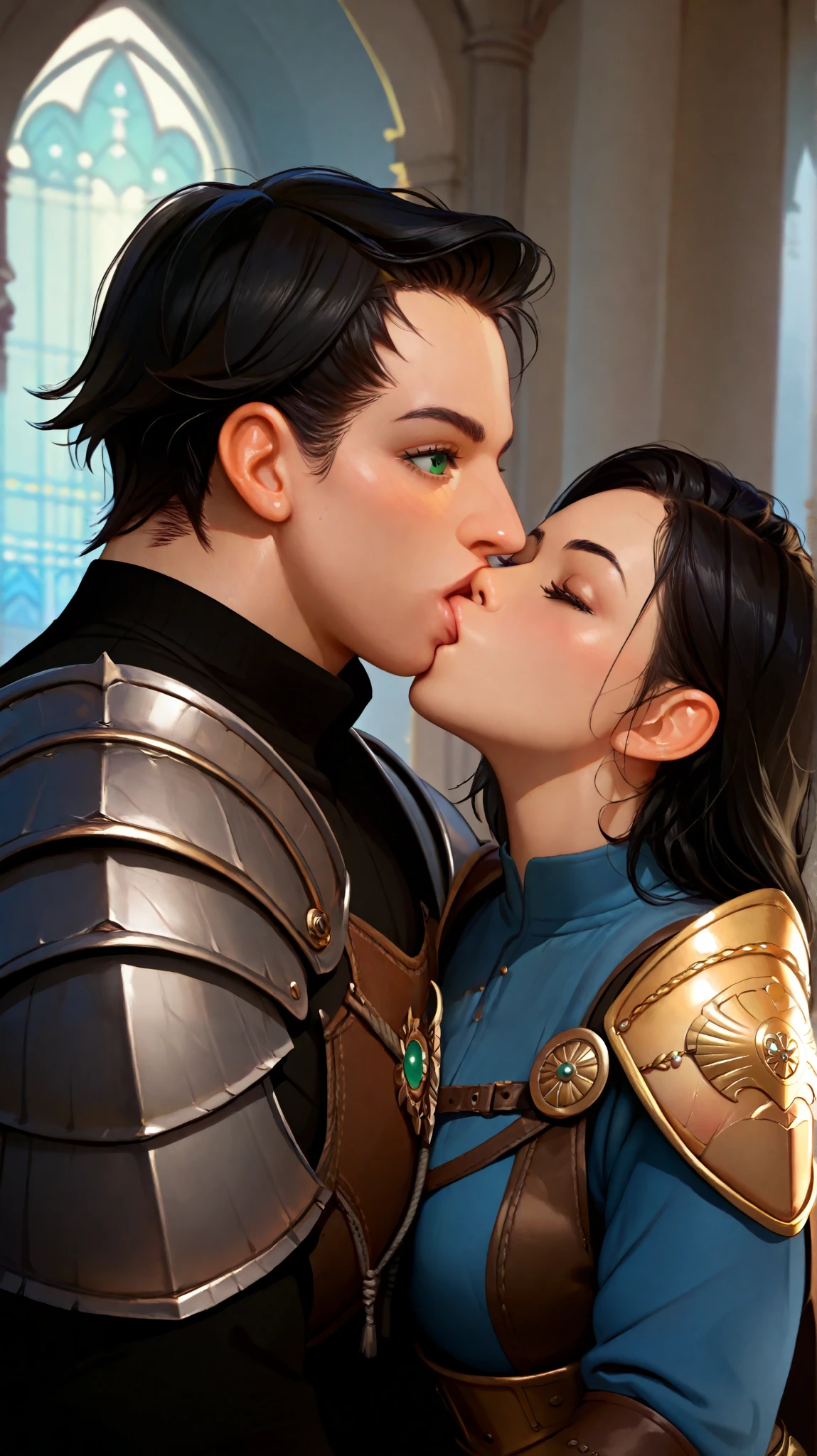 woman, green-eyed, short black hair, using a warrior's shoulder pad, View of a castle, Kissing a blue-eyed man in black armor