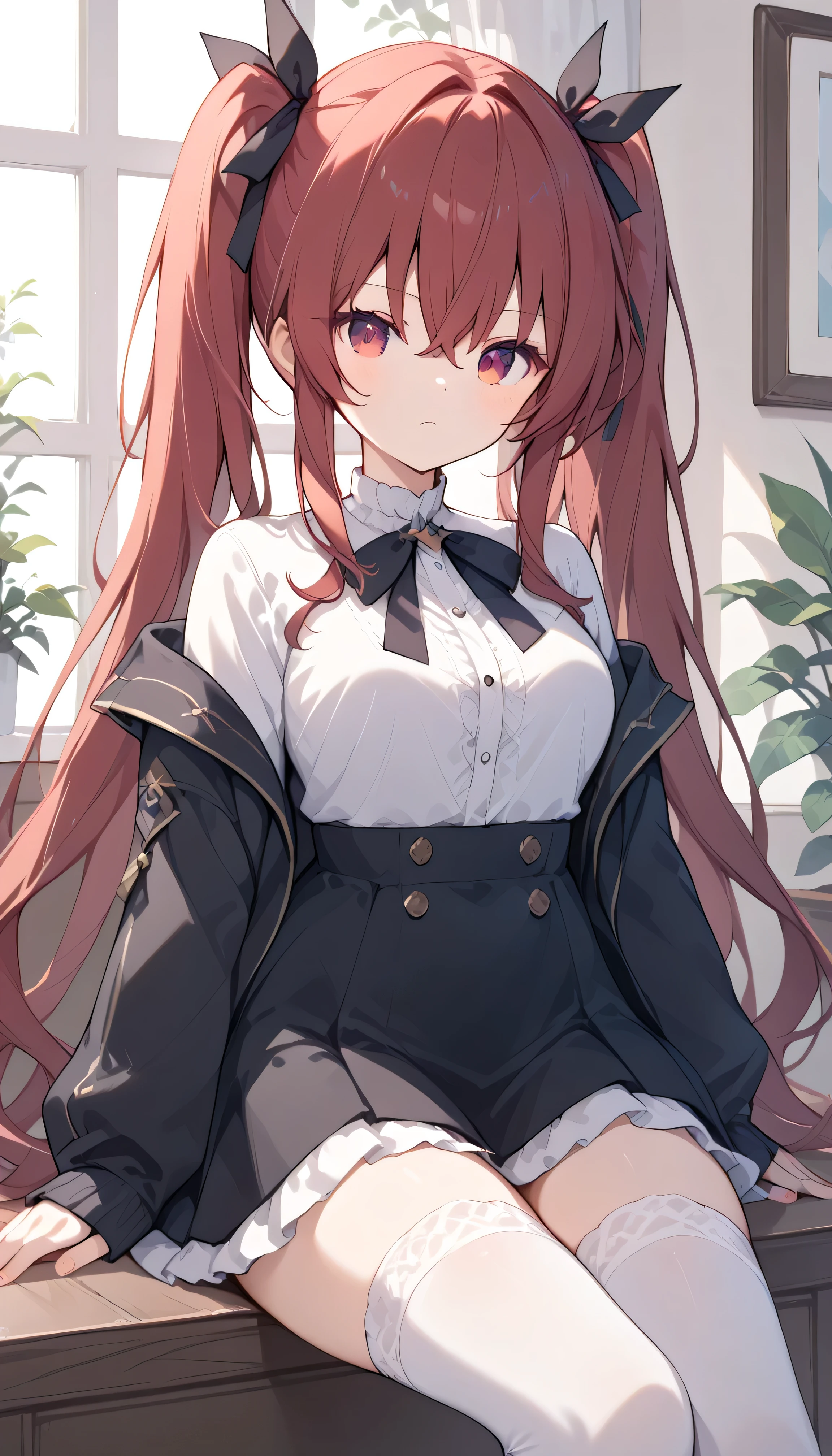 twin tails black ribbon long hair red hair red eyes eyebrows visible from inside hair , hair between eyes, watches viewers, masterpiece, top quality, very aesthetic casual clothes white shirt black jacket skirt white thigh-high socks 屋外 garden
