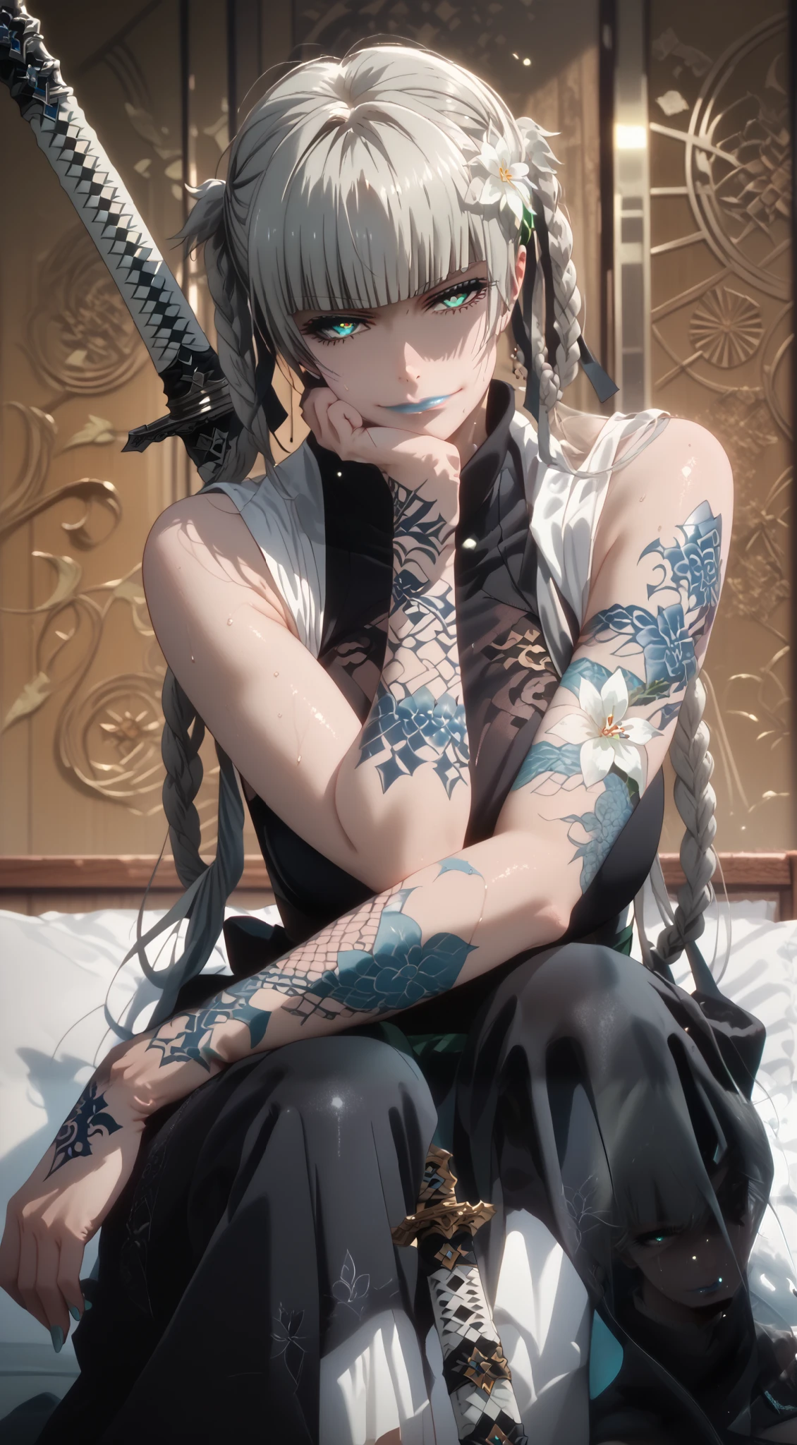 GotExpressCinematic, score_9, score_8_up, score_7_up, score_6_up, uncensored, Kirari, braid, makeup, twin braids, blunt bangs, aqua nails, aqua eyes, blue lips, hair ribbon, grey hair, nail polish, shaded face, large breasts, bright pupils, anime coloring, anime screencap, (voluptuous:1.3), (thick:1.3), BREAK UHD, retina, masterpiece, accurate, anatomically correct, textured skin, super detail, high details, high quality, award winning, best quality, highres, 4K, excessive sweating, sweating, sweating drop, (gasping, heavy breathing:1.3), (skindentation:1.2), perfect eyes, beautiful eyes, eyelashes, makeup, detailed body, perfect body, BREAK, 1girl, weapon, solo, sword, tattoo, hair_flower, flower, katana, sitting, looking_at_viewer, arm_tattoo, bare_shoulders, head_rest, sheathed, closed_mouth, sheath, japanese_clothes, sleeveless, white_flower, half-closed eyes, smirk