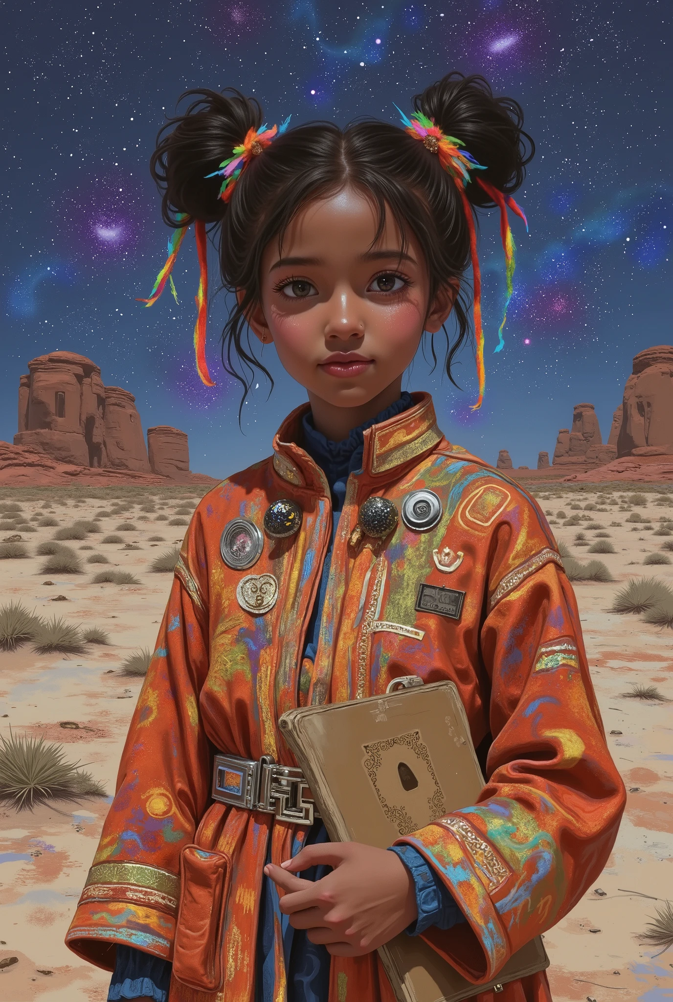 girl, dark black skin, Hair with colored locks is always attached in an improvised way, and your brown eyes convey a constant curiosity about the world around you. She wears a decorated long coat , carries a sketchbook filled with ideas, Strange songs and symbols that she draws without knowing where they come from . digital painting style with watercolor textures and worn traces , earthy color palette with metallic details and touches of blue and purple in the night sky. Focus on the boy in the foreground , with a slightly blurred background to create depth , Inhospitable planet , Star Wars style.